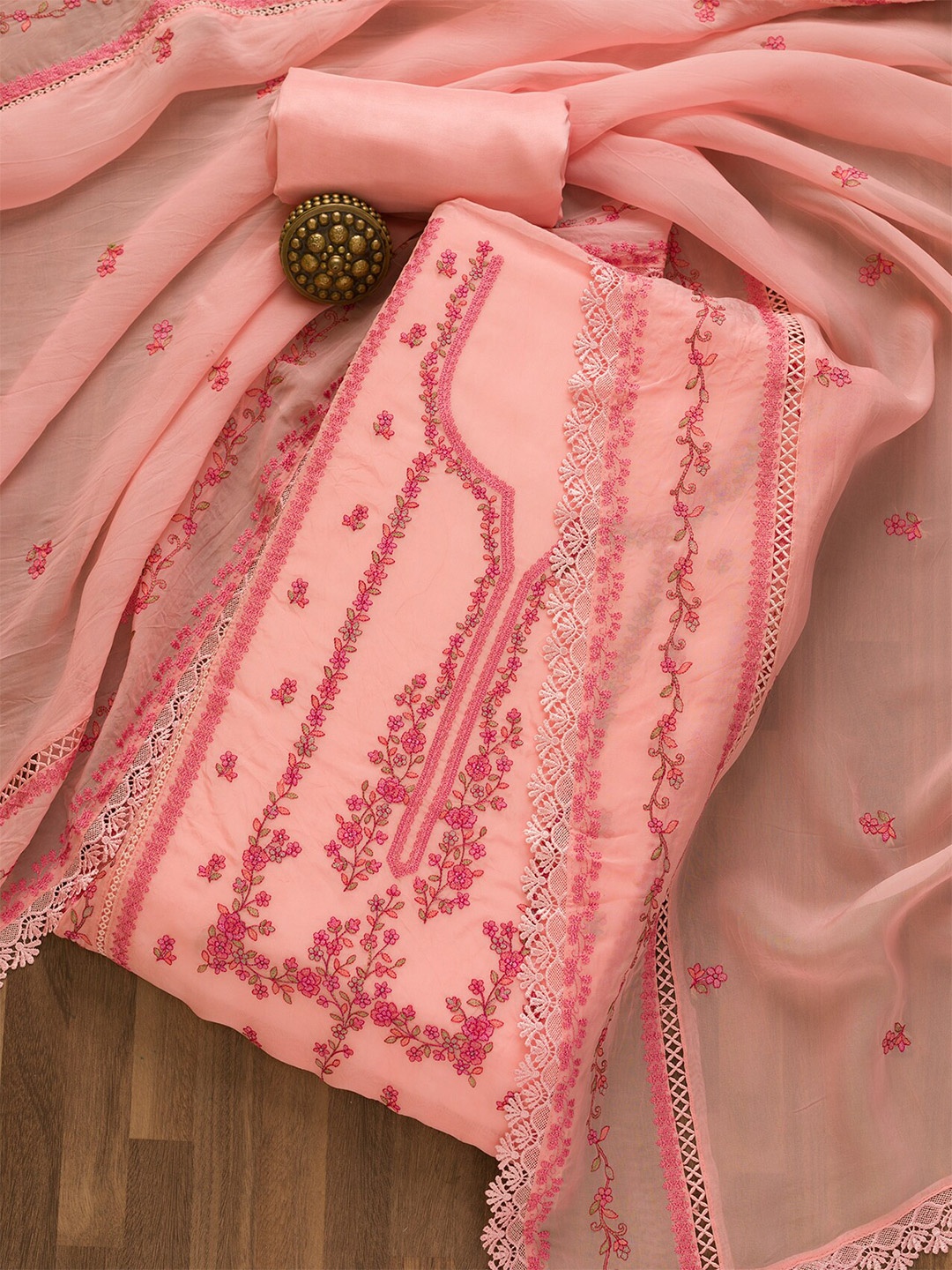 

Koskii Embroidered Semi-Stitched Dress Material, Pink
