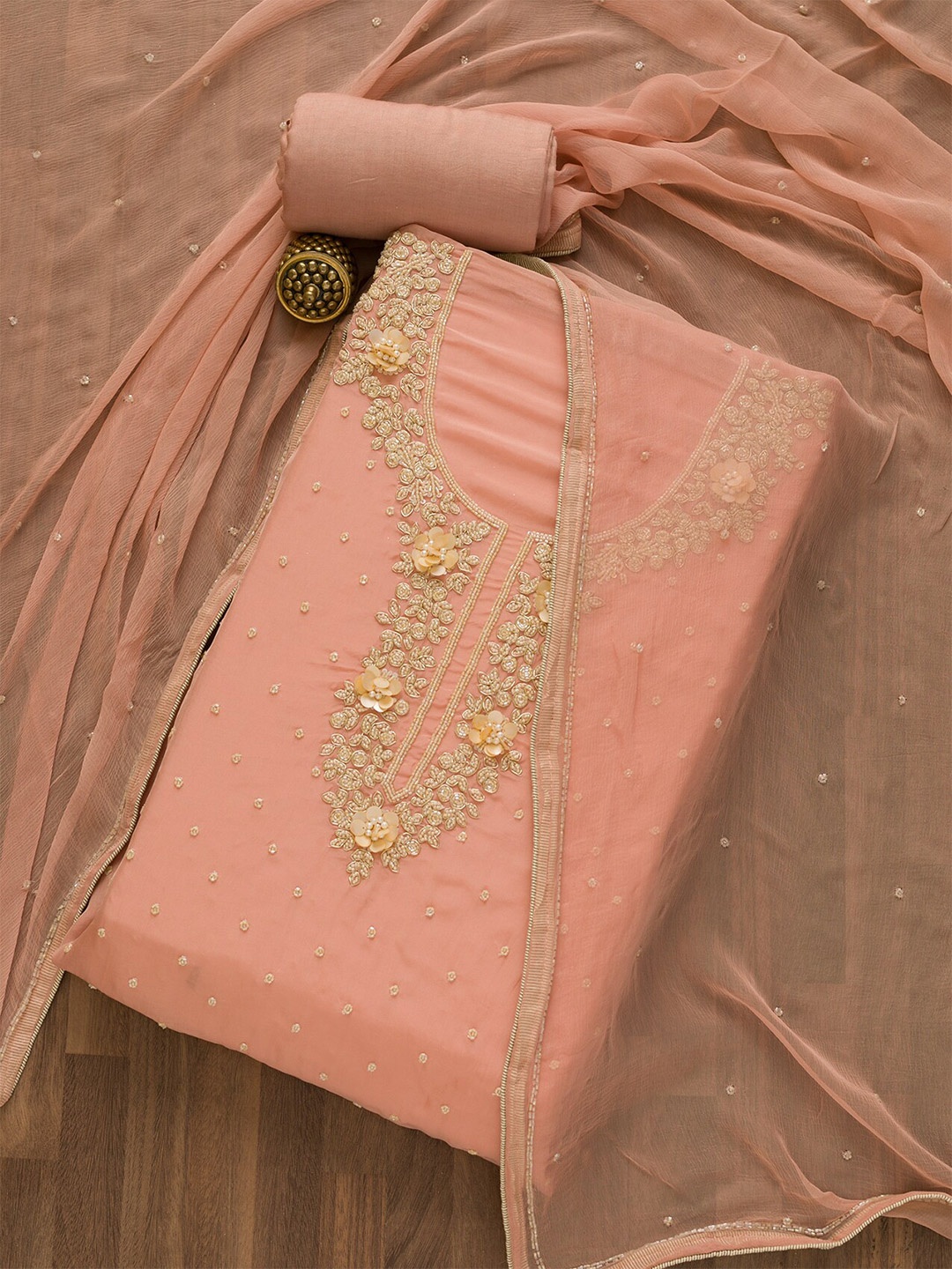 

Koskii Embellished Semi-Stitched Dress Material, Peach