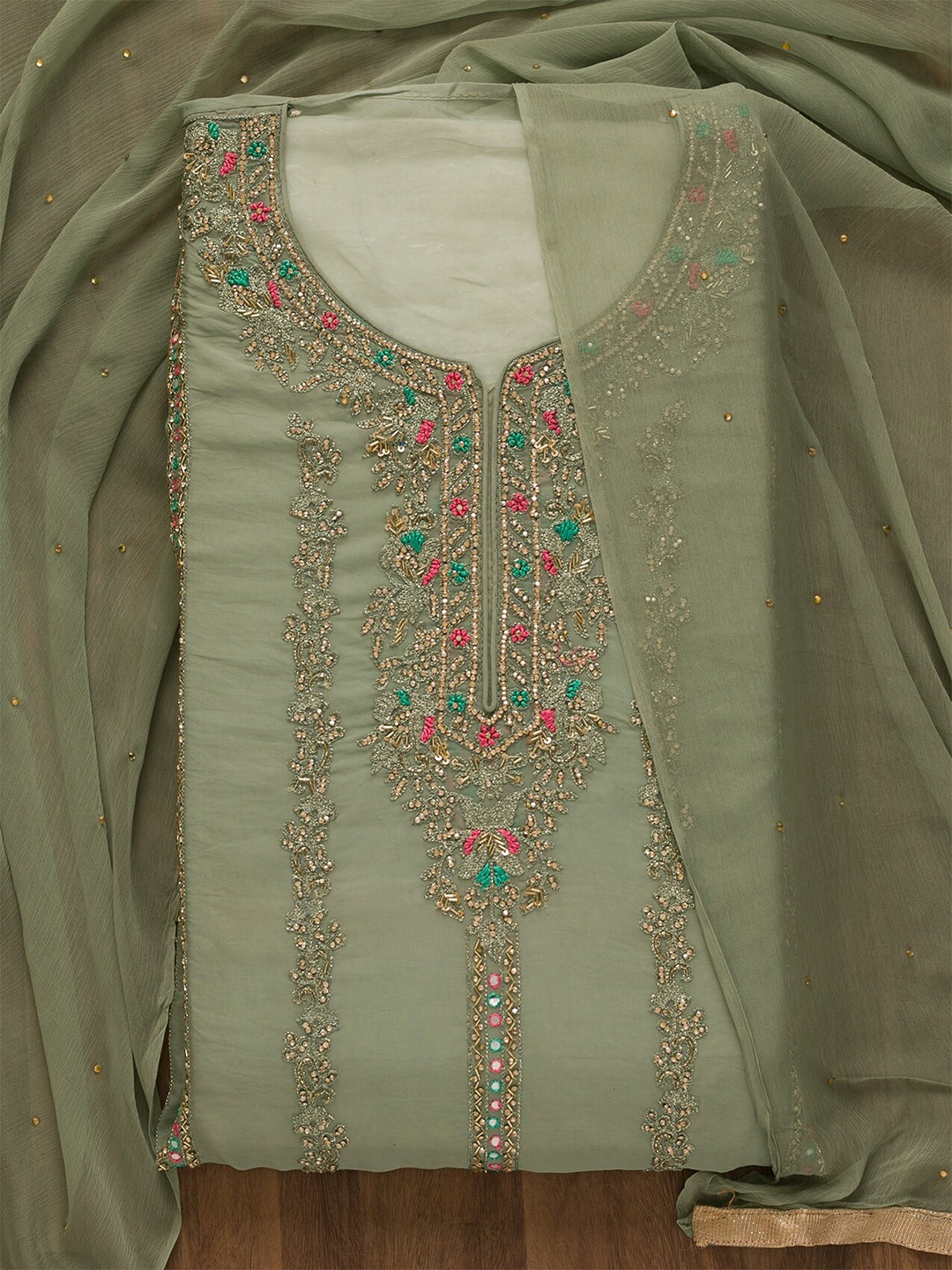 

Koskii Ethnic Motifs Beads & Stones Embroidered Unstitched Dress Material, Green