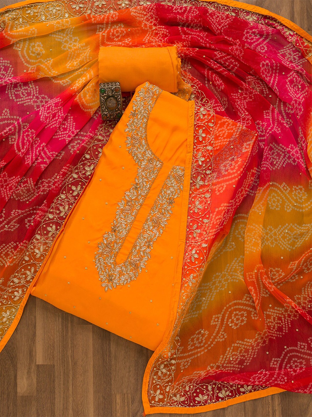 

Koskii Ethnic Motifs Zardozi Embroidered Unstitched Dress Material, Orange