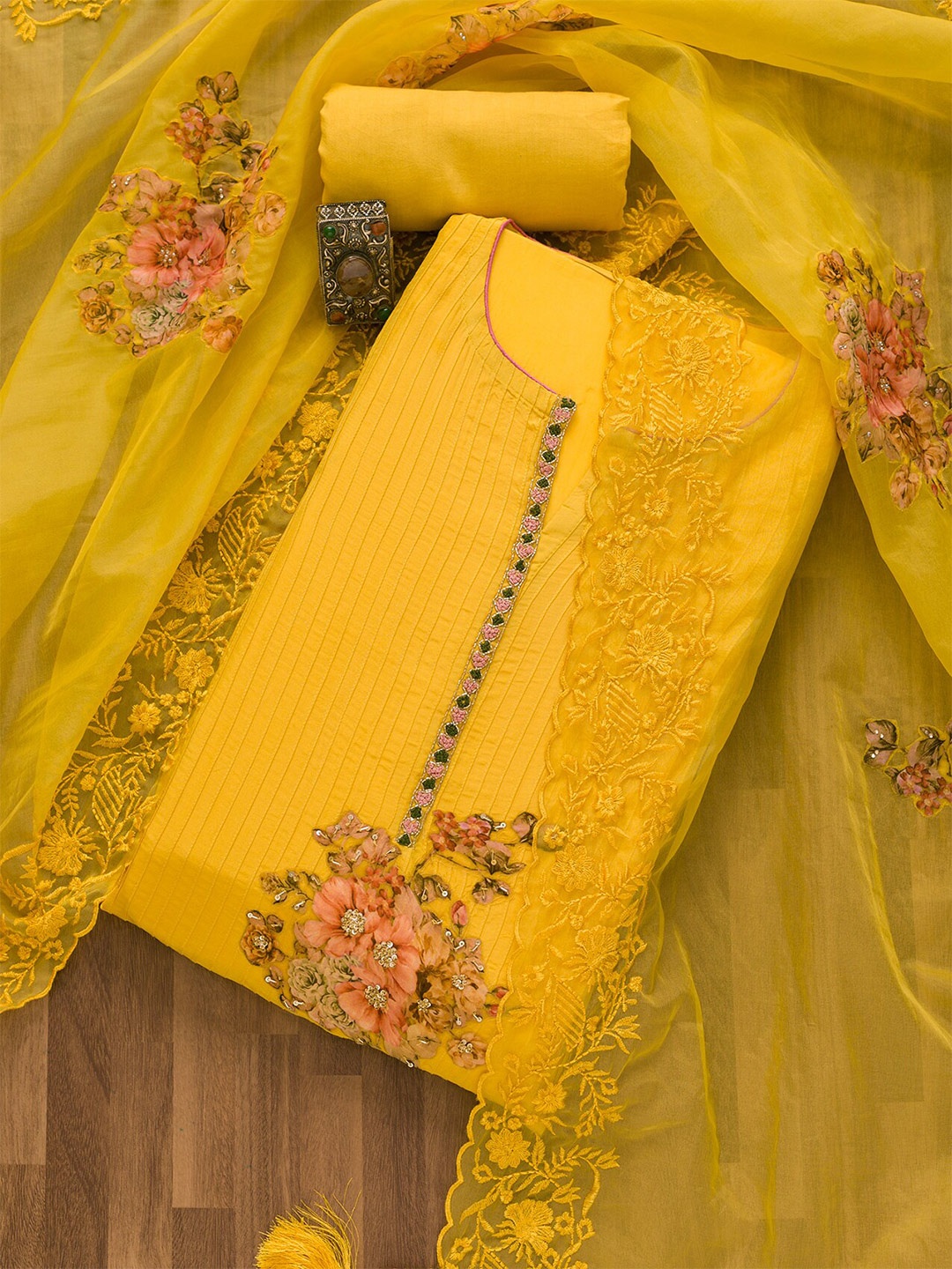 

Koskii Floral Sequin Embroidered Unstitched Dress Material, Yellow