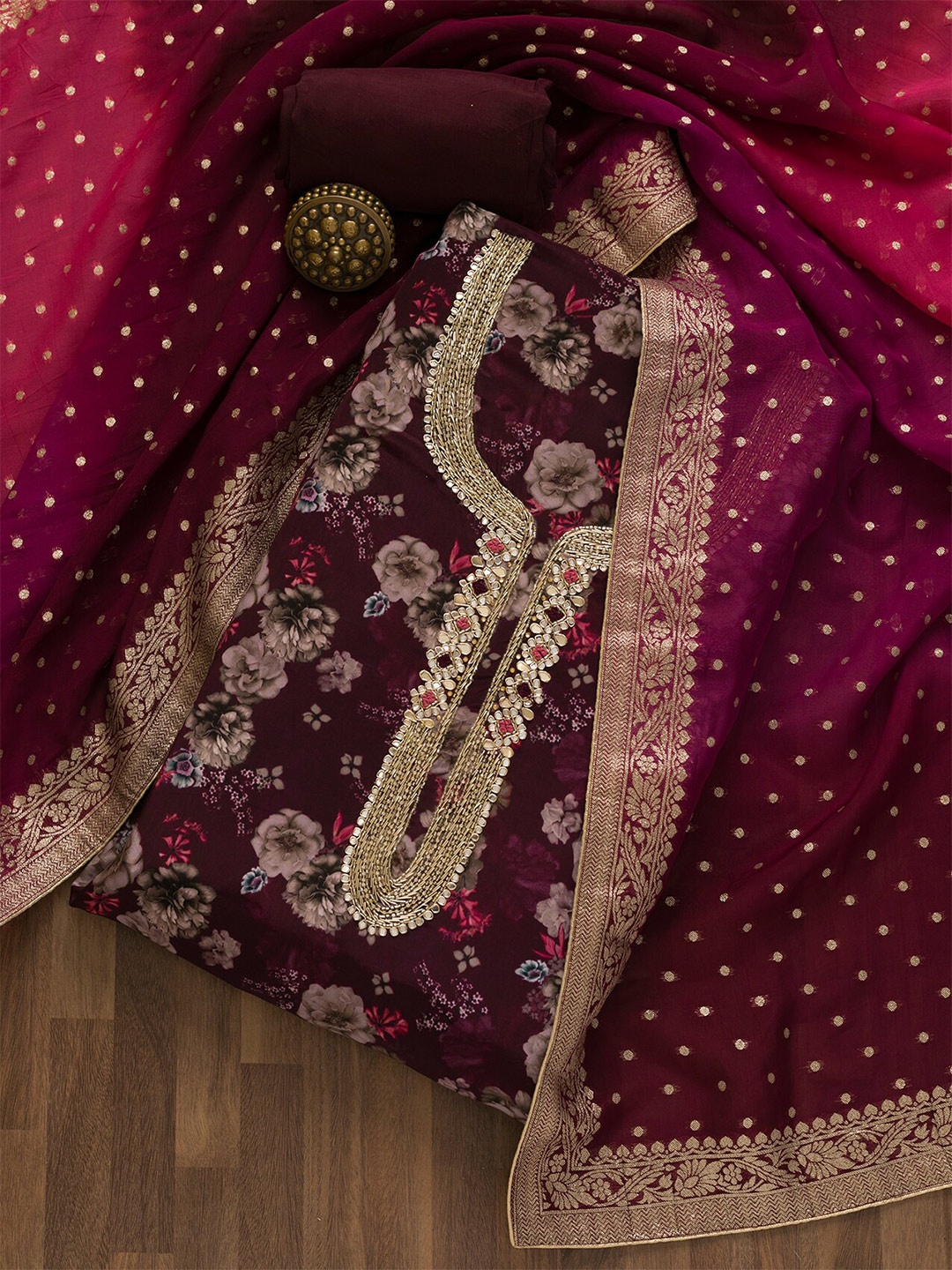

Koskii Floral Printed Unstitched Dress Material, Burgundy