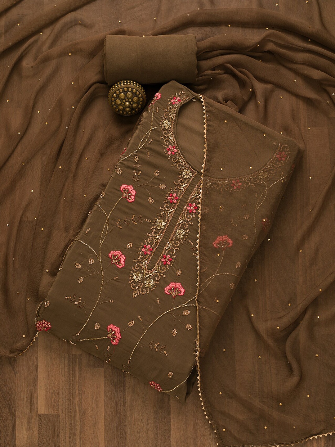 

Koskii Floral Embroidered Unstitched Dress Material, Brown