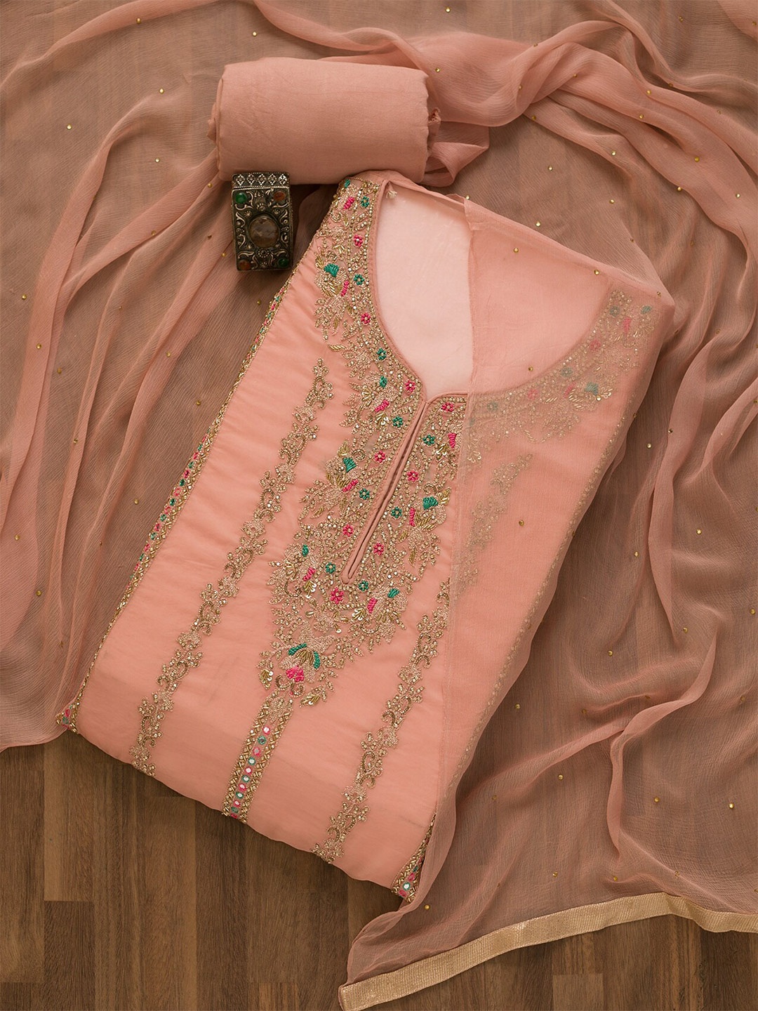 

Koskii Floral Embroidered Unstitched Dress Material, Peach