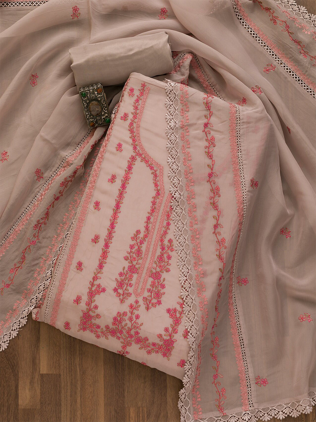 

Koskii Floral Embroidered Unstitched Dress Material, Mauve