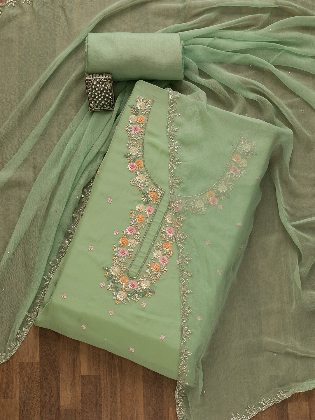 

Koskii Floral Sequin Embellished Unstitched Dress Material, Sea green