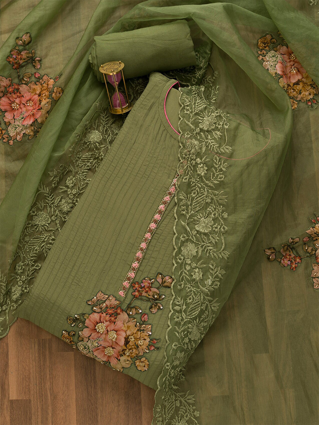 

Koskii Floral Sequin Embroidered Unstitched Dress Material, Green
