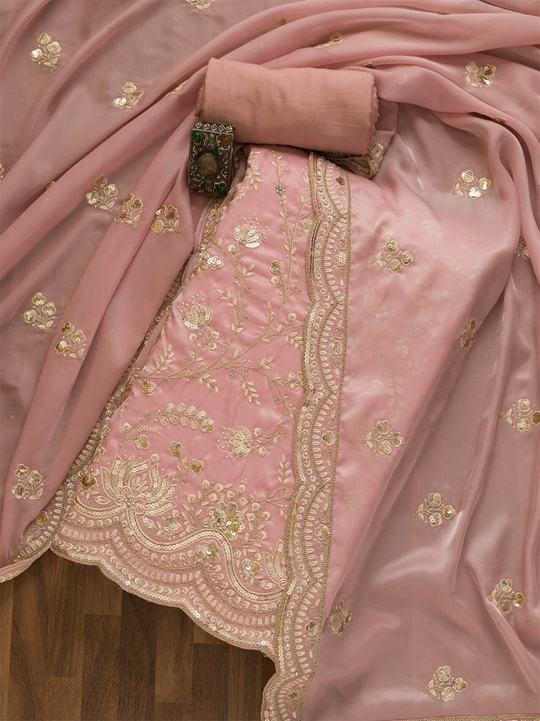 

Koskii Ethnic Motifs Sequin Embellished Unstitched Dress Material, Pink
