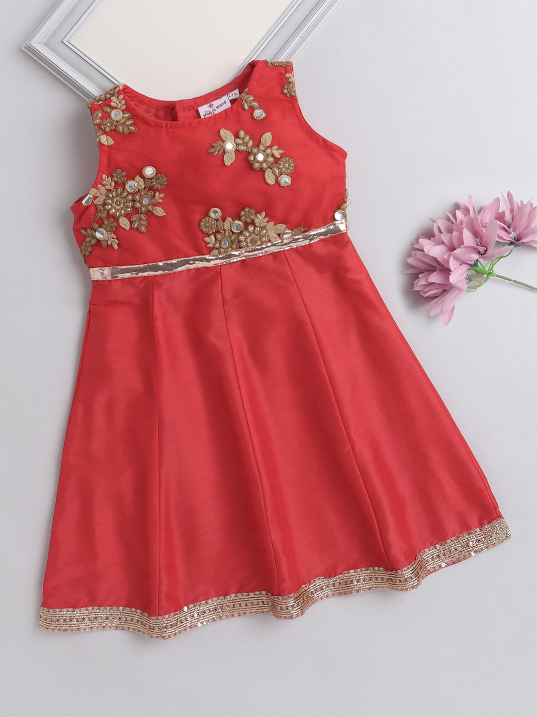 

The Magic Wand Floral Embroidered Mirror Work Satin Fit & Flare Dress, Red