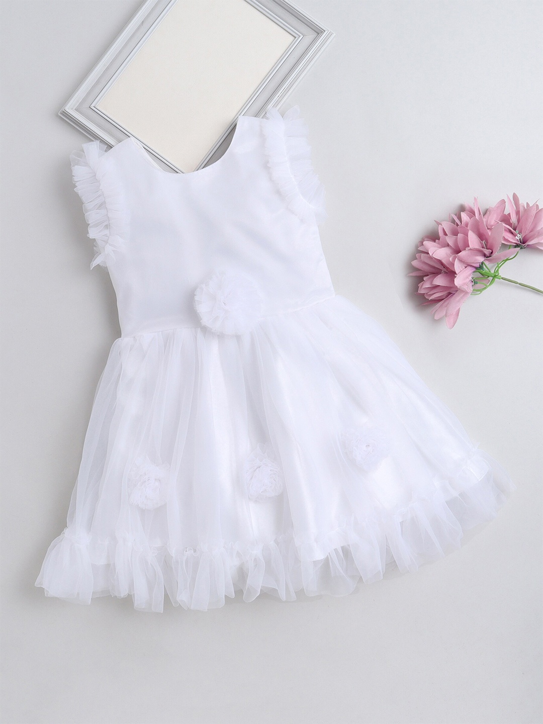 

The Magic Wand Ruffled Net Fit & Flare Dress With Corsage Detail, White