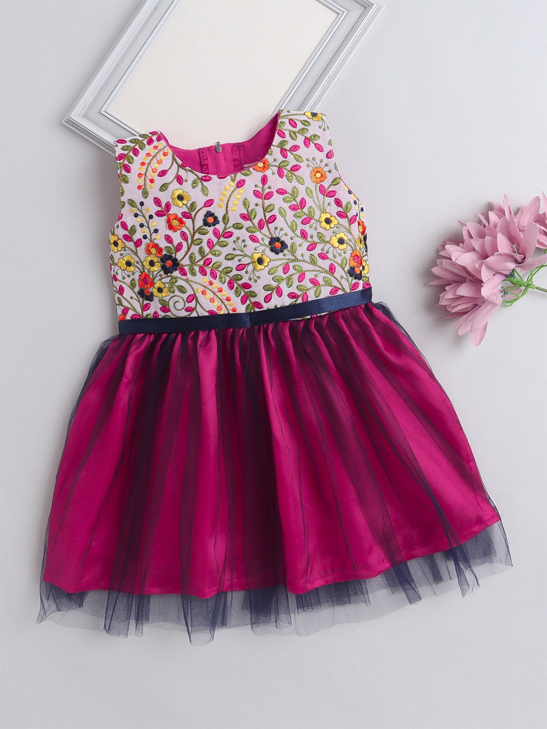 

The Magic Wand Girls Floral Embroidered Fit & Flare Dress, Purple