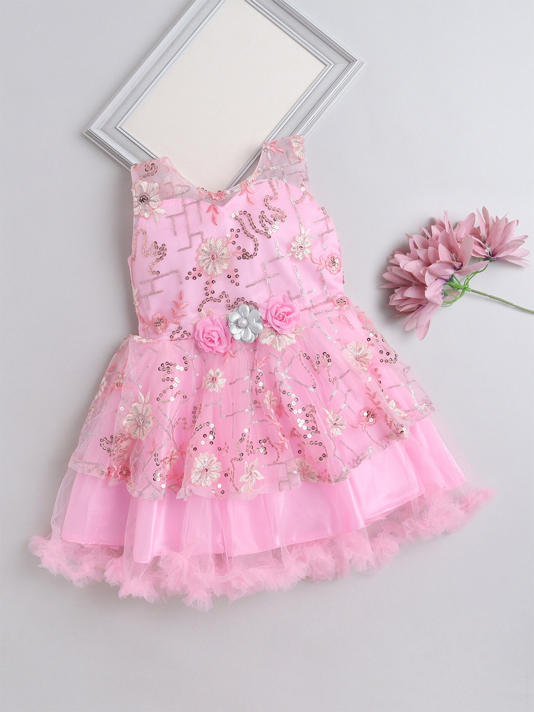 

The Magic Wand Girls Floral Embroidered Sequinned Fit & Flare Dress, Pink