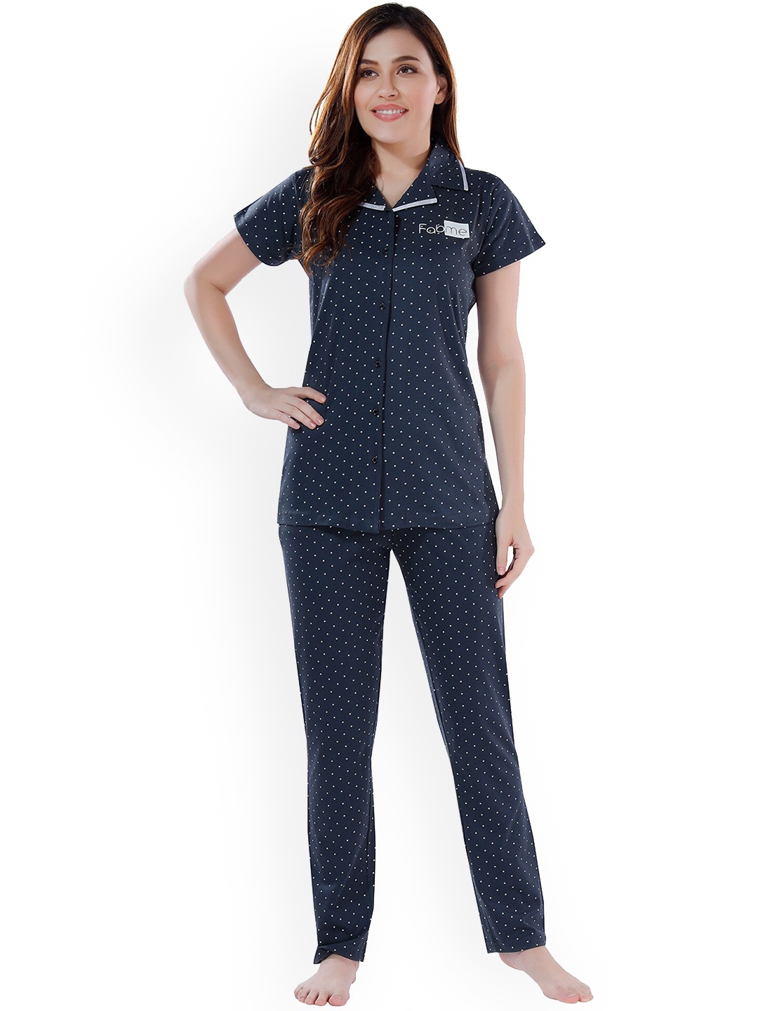 

Fabme Polka Dots Printed Pure Cotton Night Suit, Navy blue