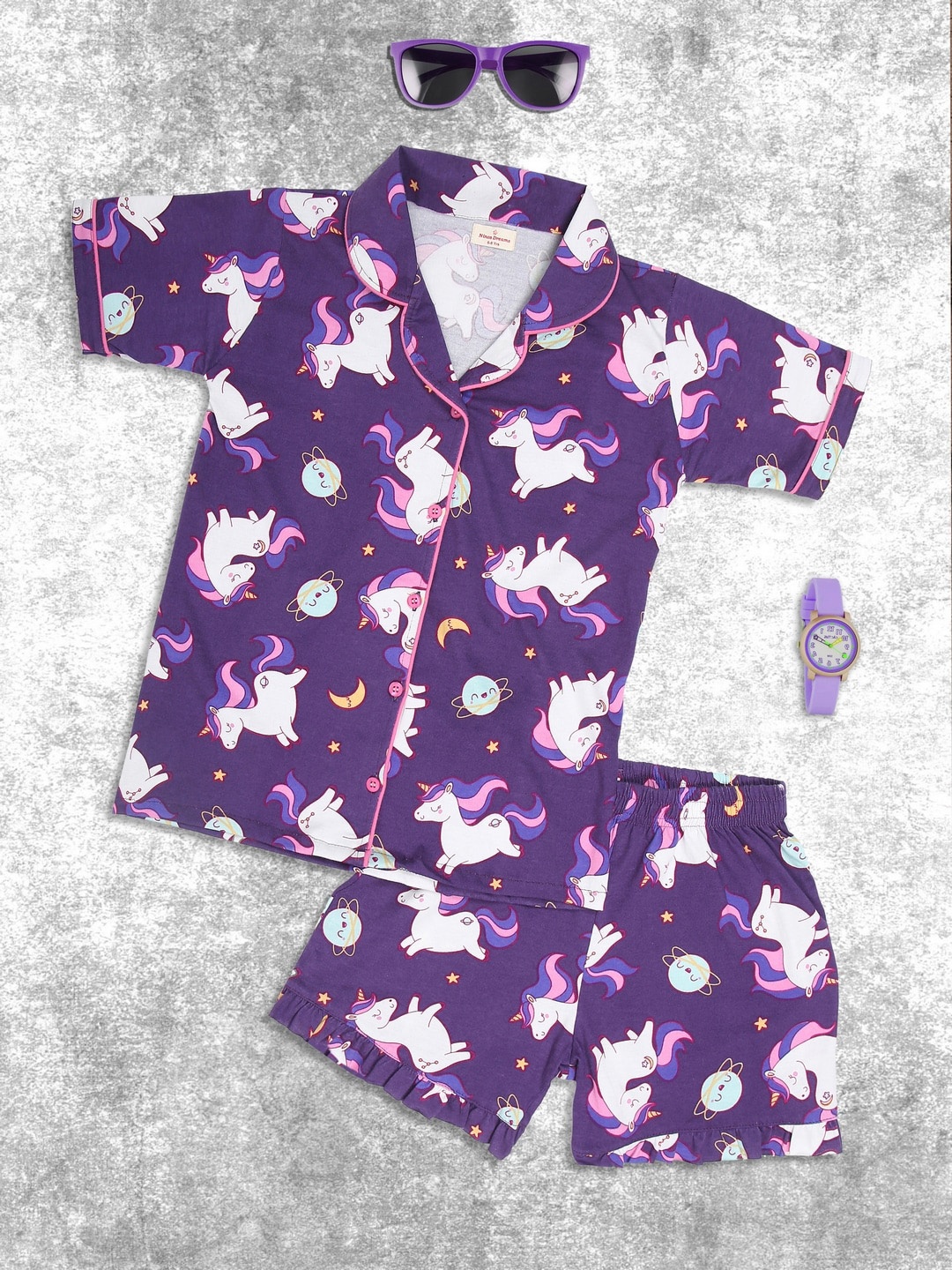 

Ninos Dreams Girls Conversational Printed Pure Cotton Night Suit, Purple