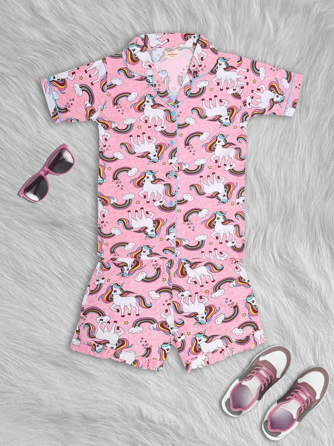 

Ninos Dreams Girls Conversational Printed Pure Cotton Night Suit, Pink