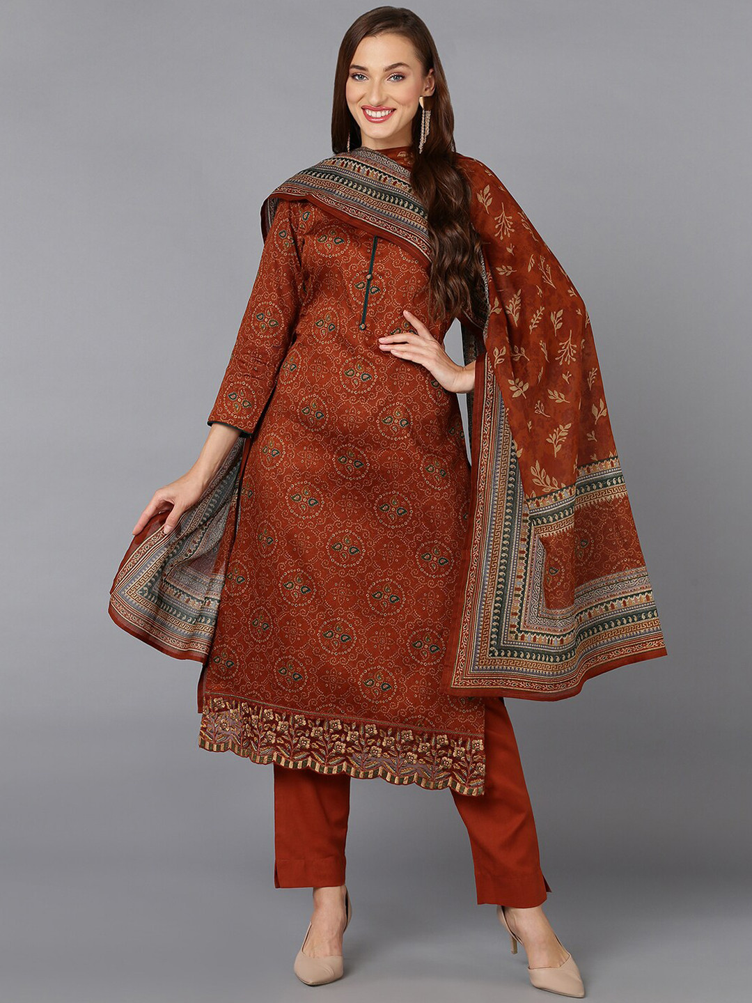 

AHIKA Rust Bandhani Printed Kurta with Trousers & Dupatta