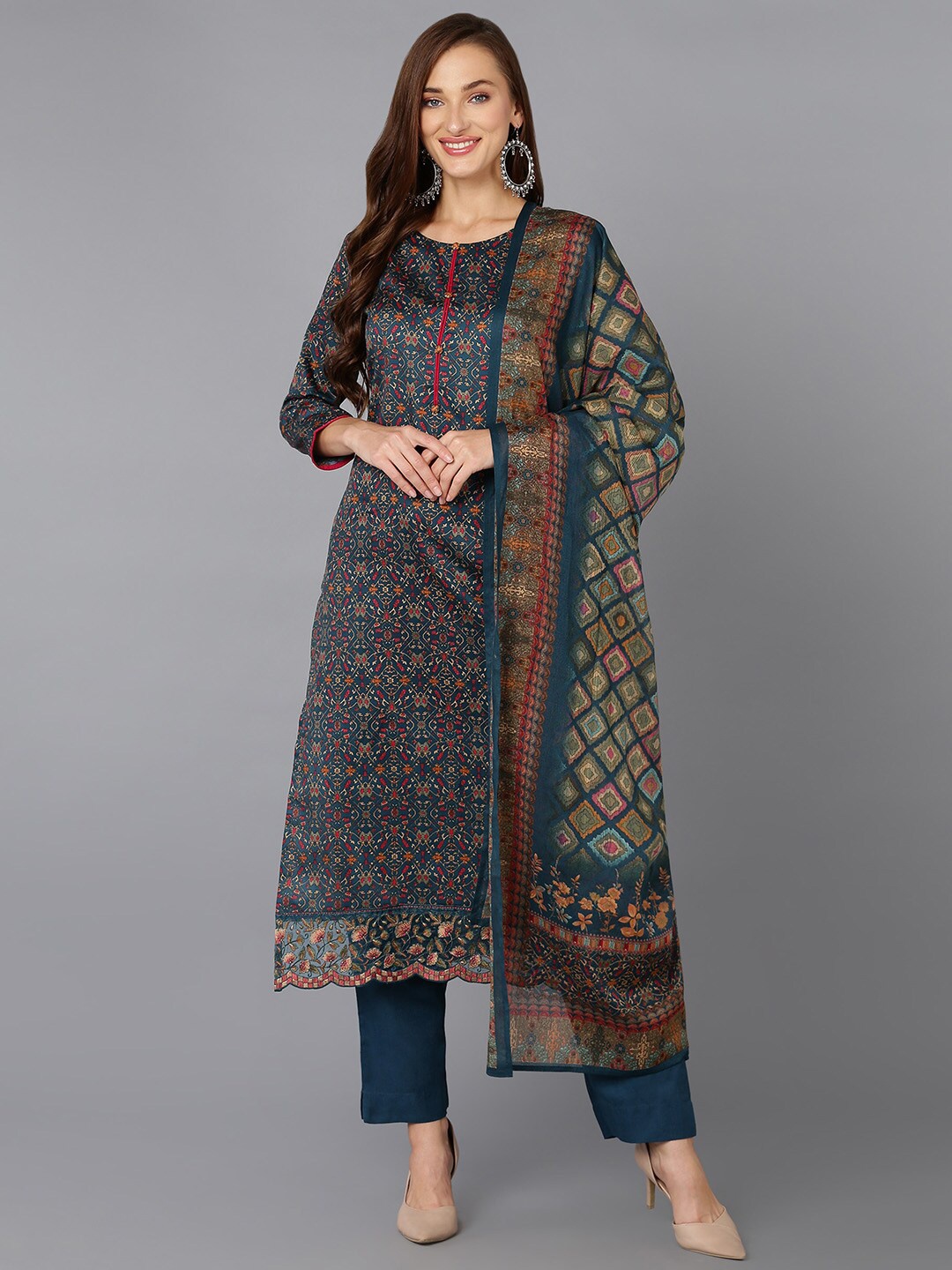 

AHIKA Navy Blue Ethnic Motifs Printed Kurta with Trousers & Dupatta
