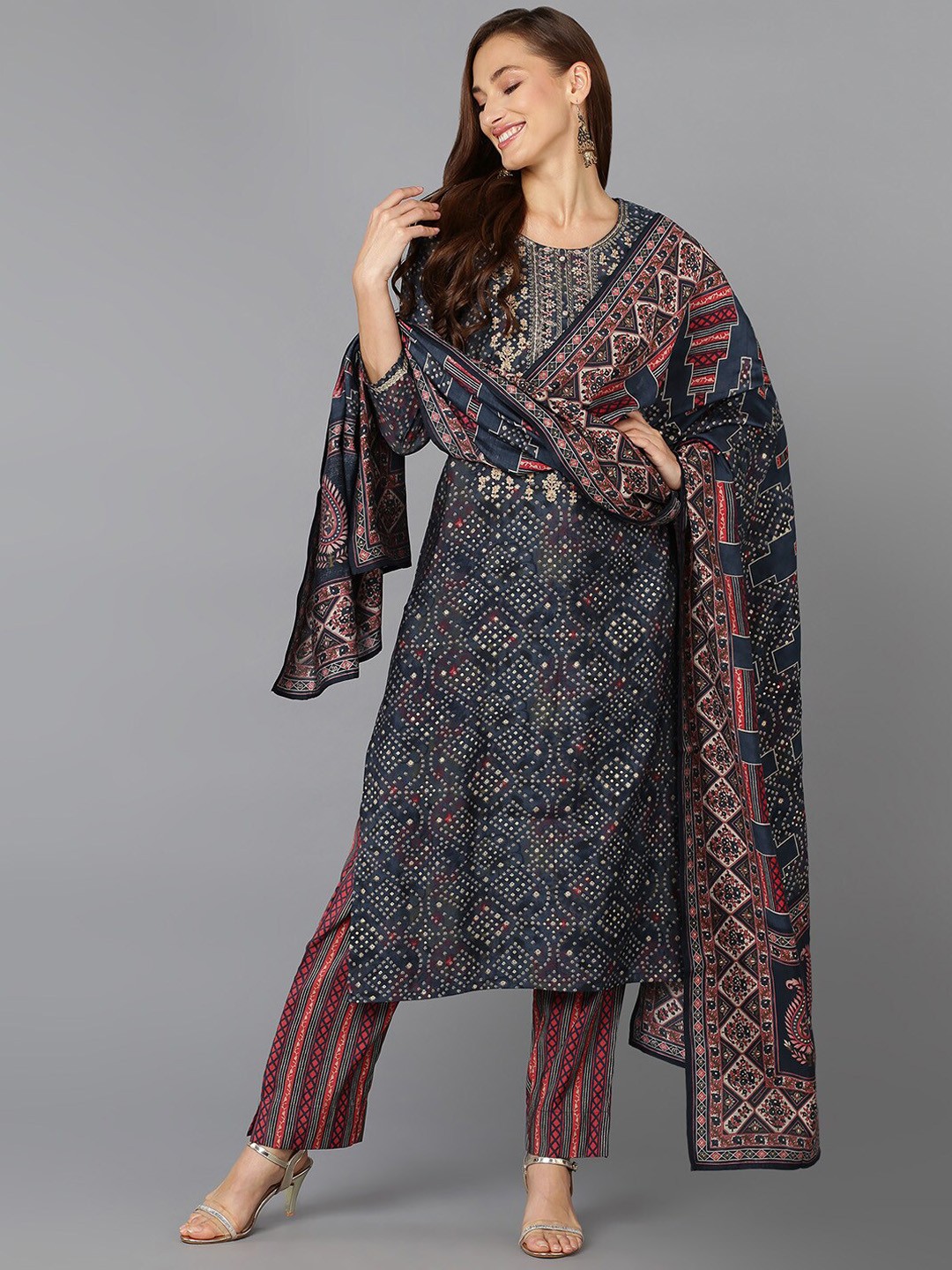 

AHIKA Navy Blue Bandhani Printed Thread Work Kurta with Trousers & Dupatta