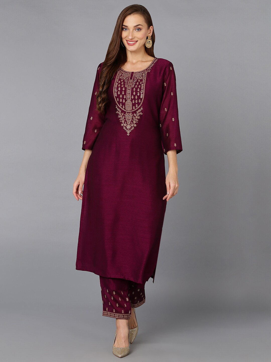 

AHIKA Burgundy Ethnic Motifs Embroidered Zari Kurta with Trousers