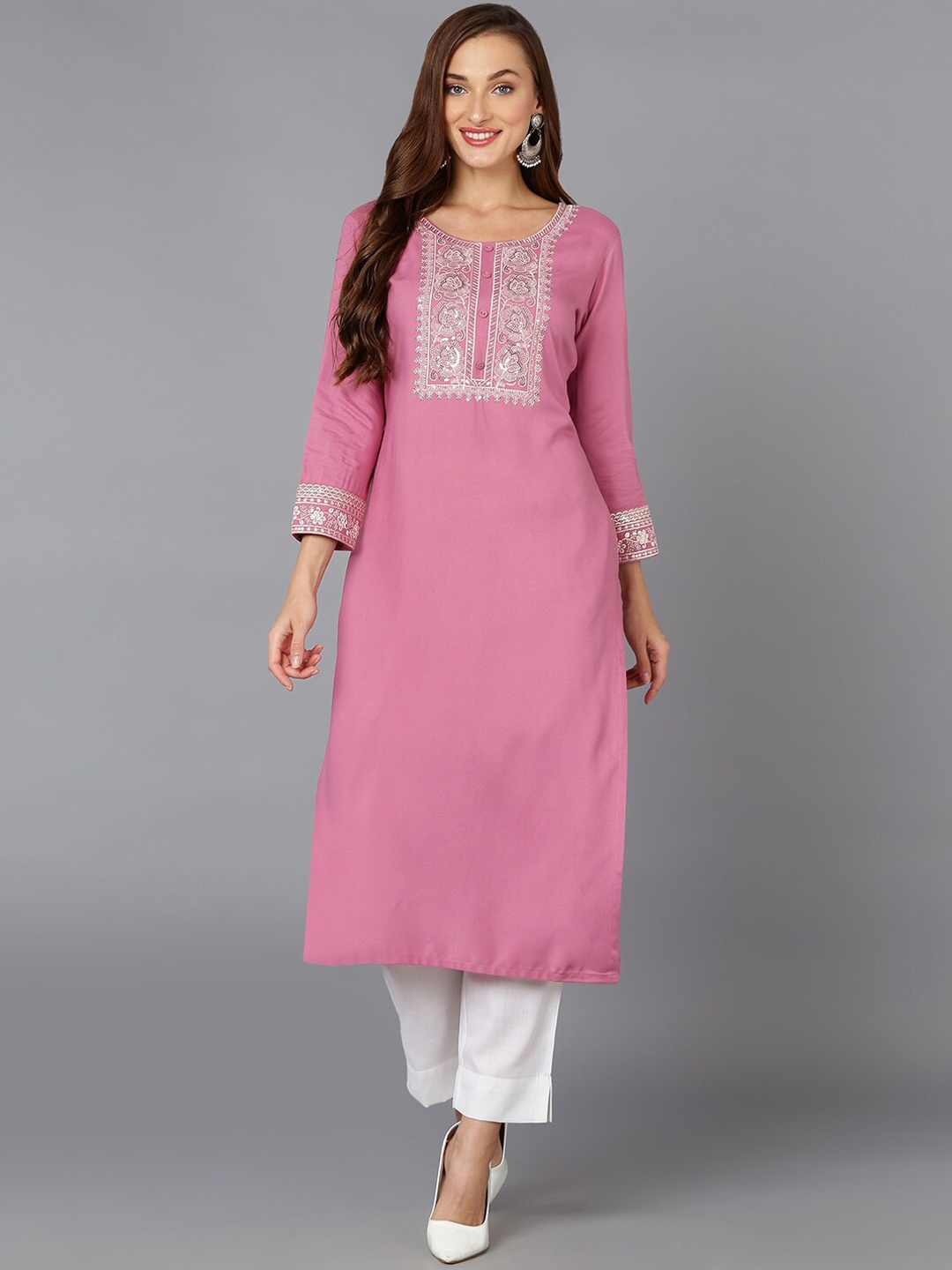 

AHIKA Pink Ethnic Motifs Embroidered Sequined Kurta