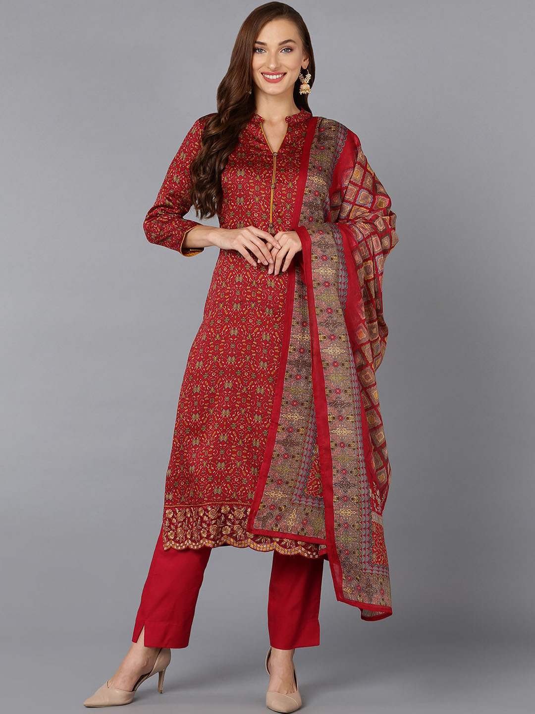 

AHIKA Maroon Ethnic Motifs Printed Mandarin Collar Kurta with Trousers & Dupatta, Red