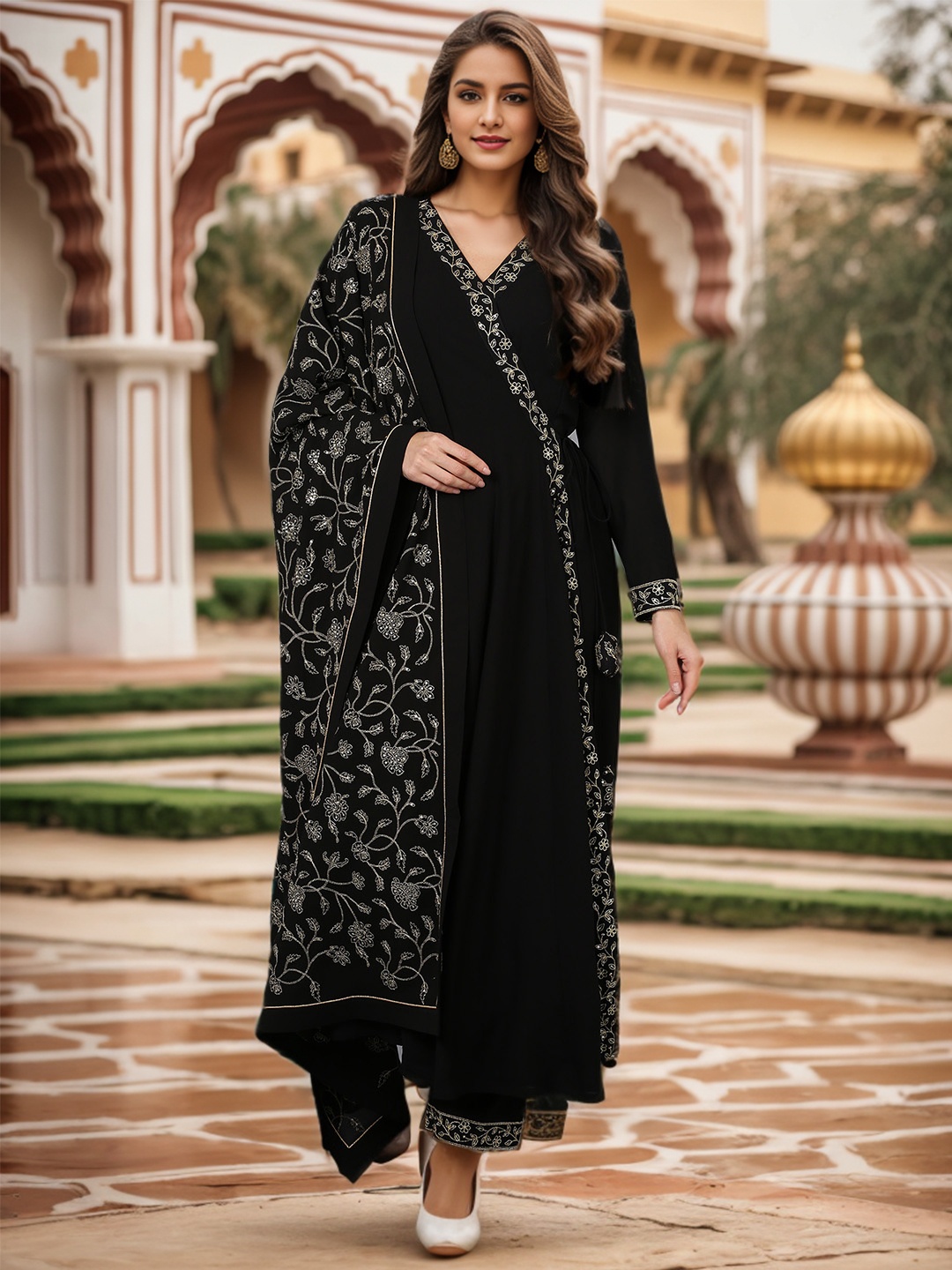 

AHIKA Black Ethnic Motifs Embroidered Angrakha Kurta with Trousers & Dupatta