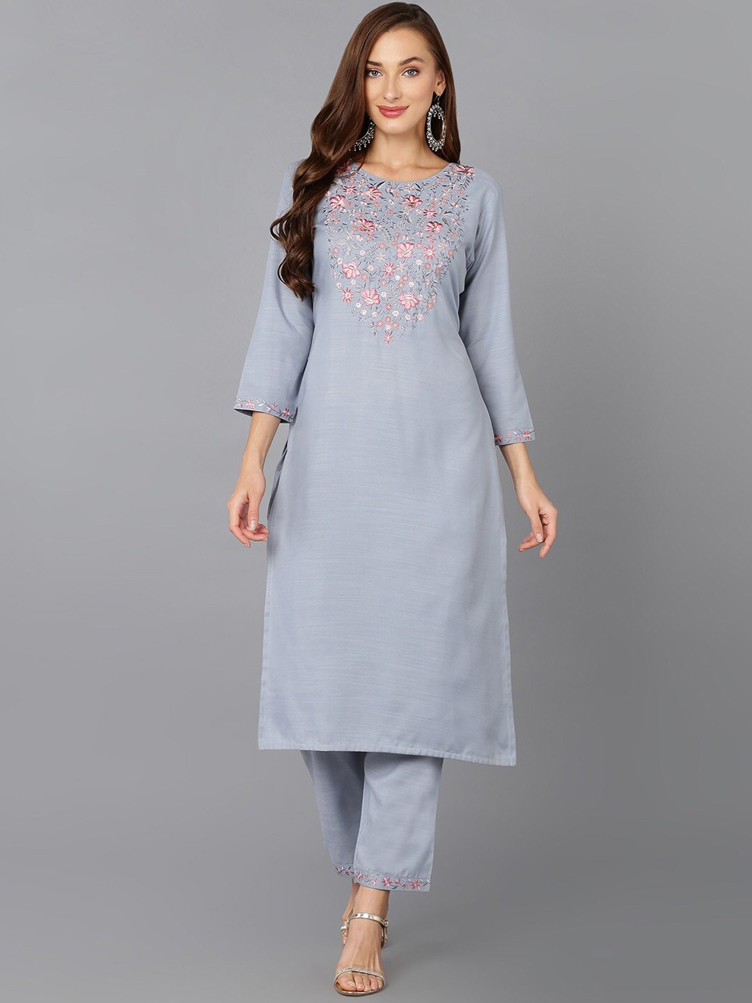 

AHIKA Light Blue Floral Embroidered Boat Neck Kurta