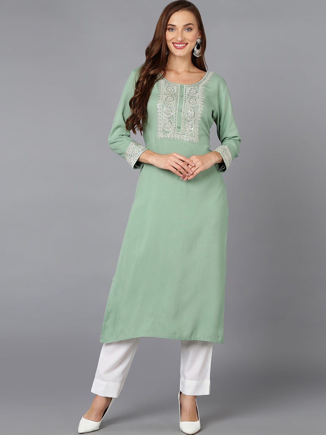 

AHIKA Light Green Ethnic Motifs Embroidered Sequined Kurta