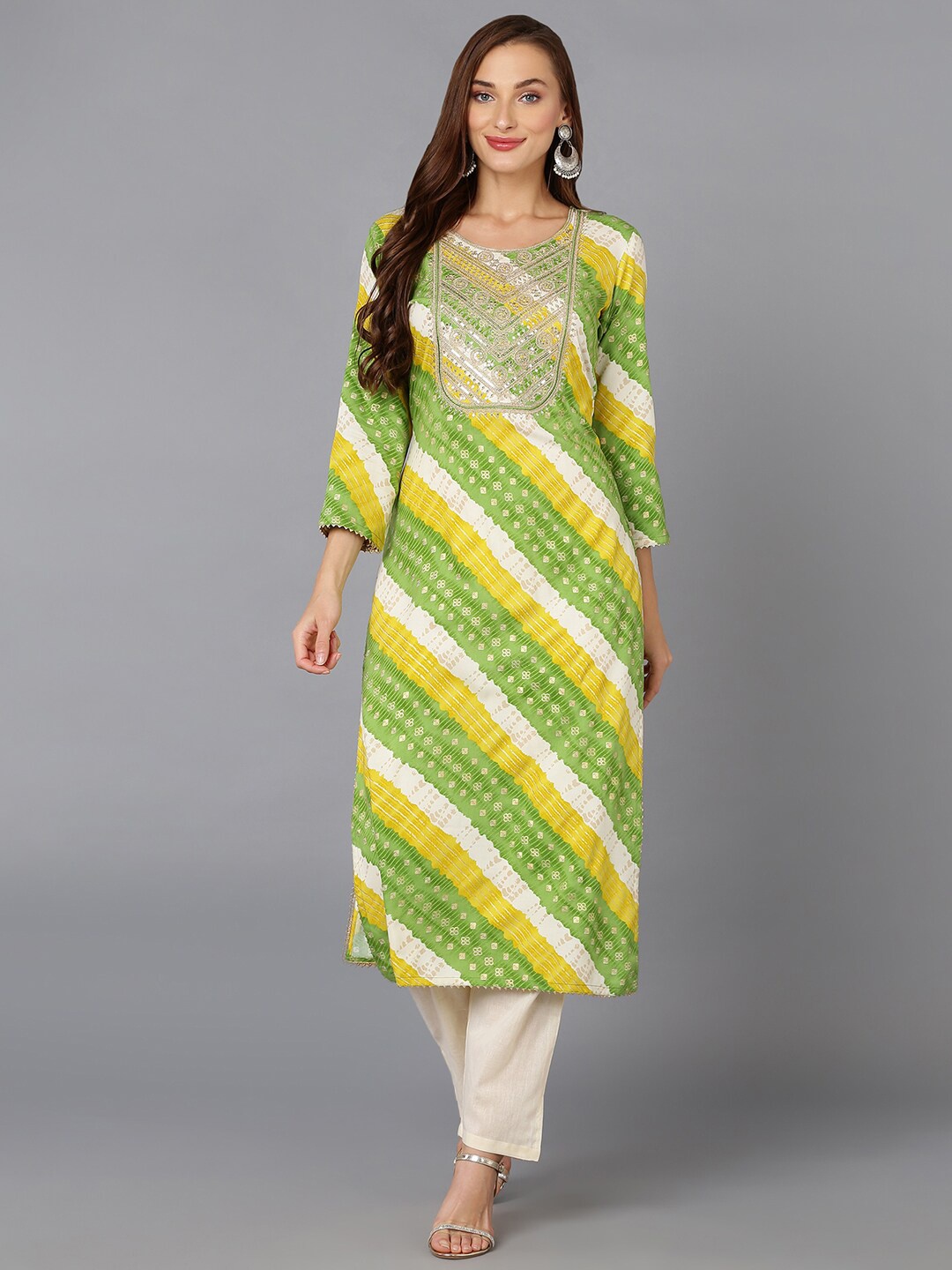 

AHIKA Green and Mustard Yellow Leheriya Printed Sequined Zari Kurta