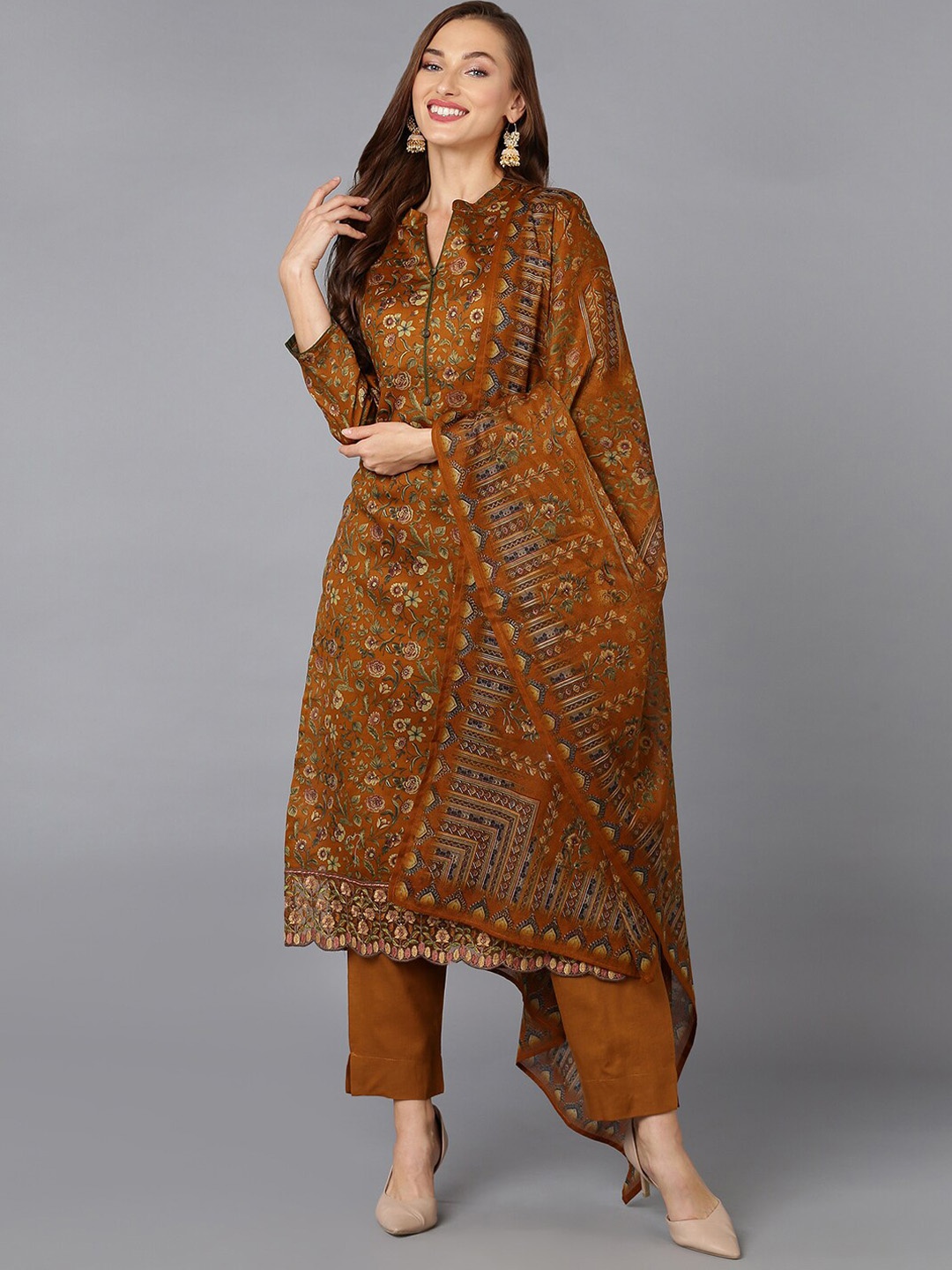 

AHIKA Mustard Yellow Floral Printed Mandarin Collar Kurta with Trousers & Dupatta