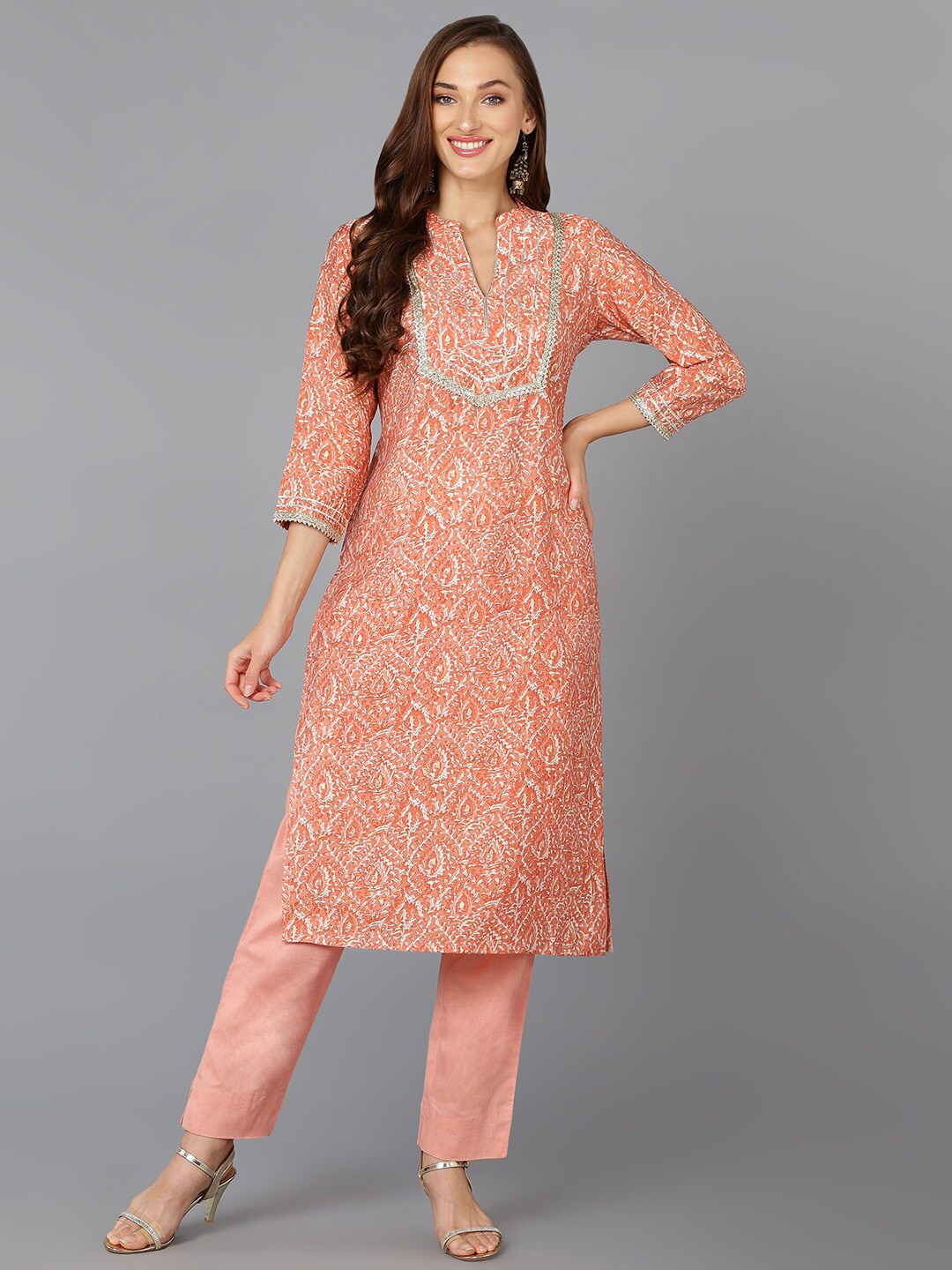 

AHIKA Peach-Coloured Ethnic Motifs Printed Gotta Patti Mandarin Collar Kurta