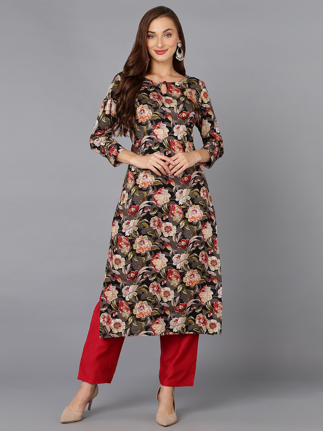 

AHIKA Black Floral Printed Keyhole Neck Kurta