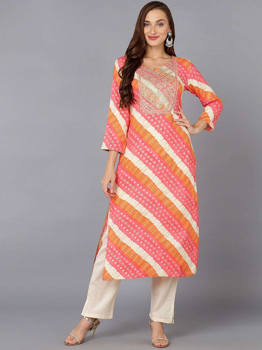 

AHIKA Pink & Orange Leheriya Printed Zari Kurta