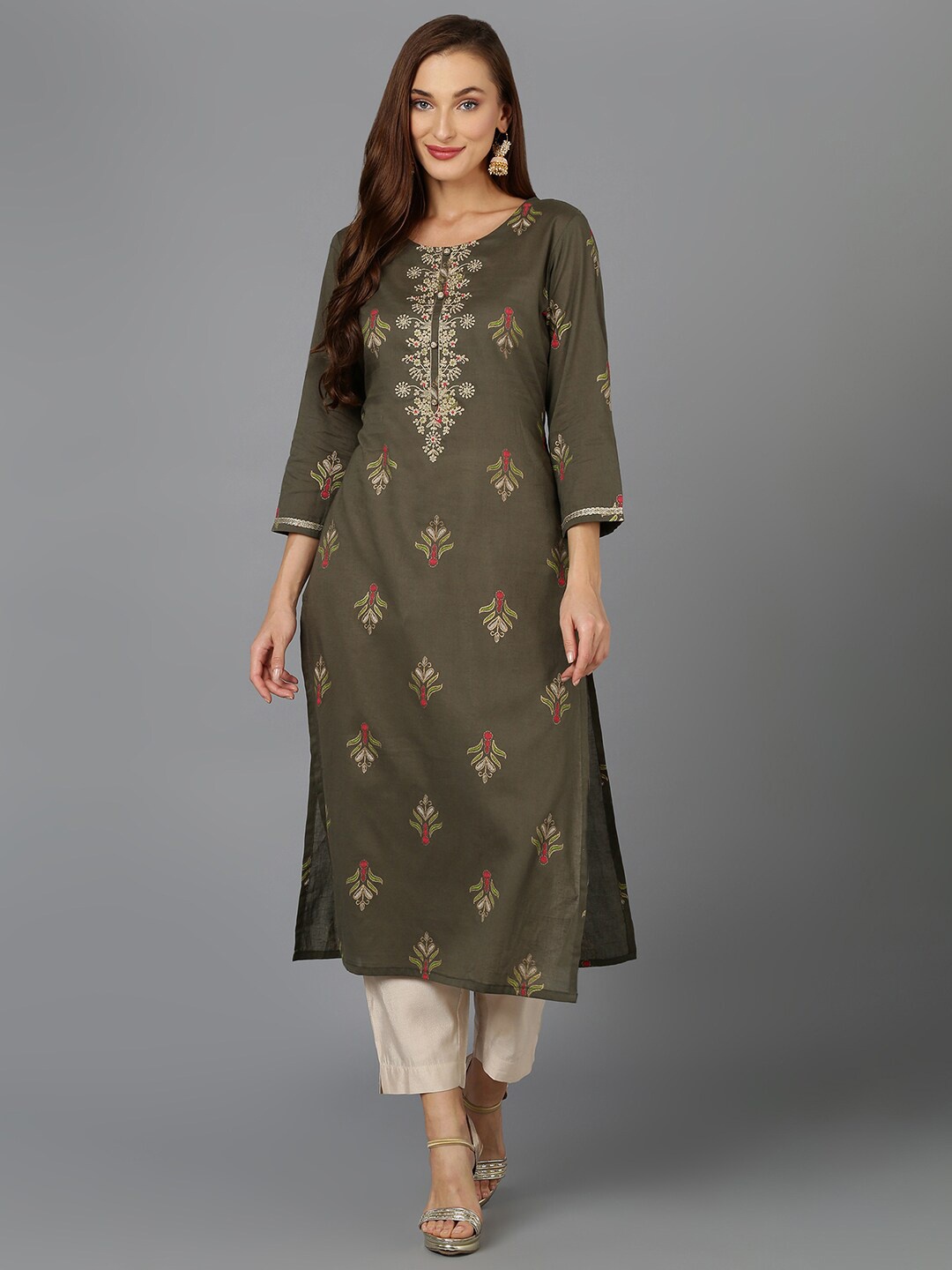 

AHIKA Olive Green Ethnic Motifs Embroidered Sequined Cotton Kurta