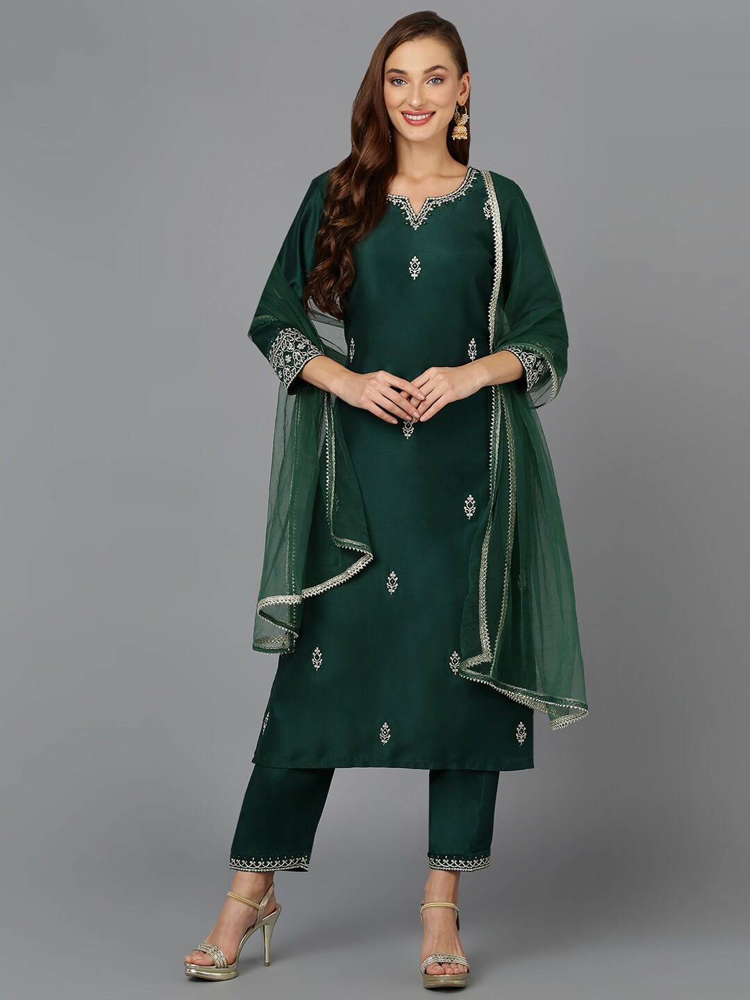 

AHIKA Green Ethnic Motifs Embroidered Kurta with Trousers & Dupatta