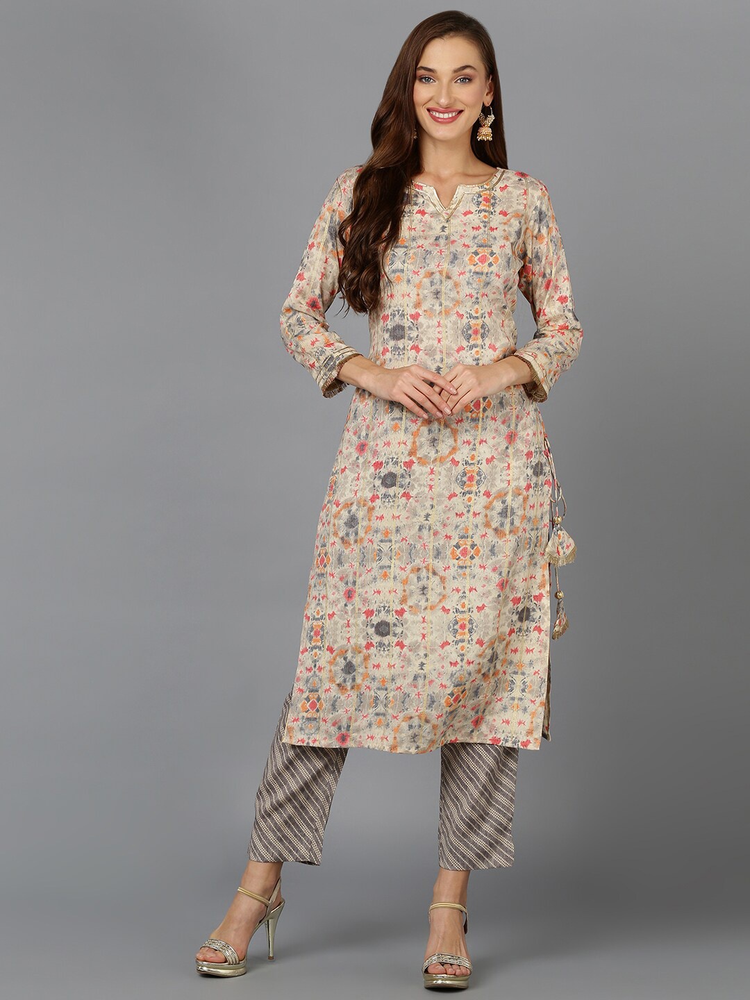 

AHIKA Beige & Grey Ethnic Motifs Dyed Gotta Patti Kurta with Trousers