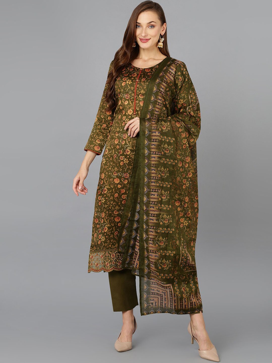 

AHIKA Floral Printed Straight Kurta with Trousers & Dupatta, Olive