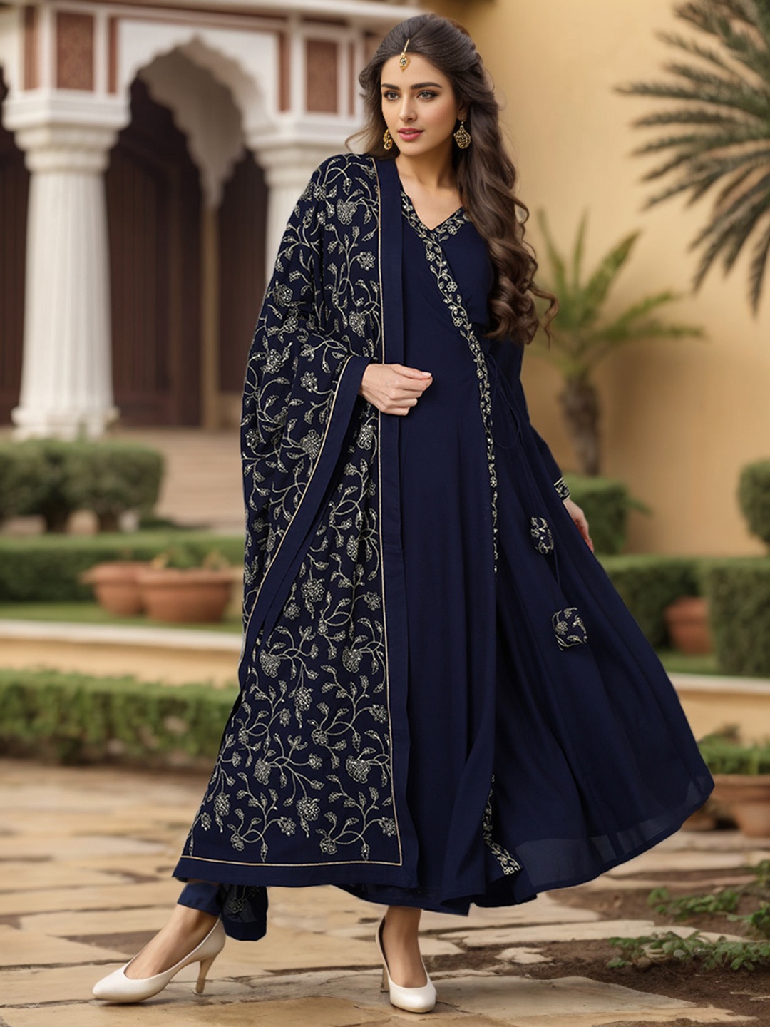 

AHIKA Floral Embroidered Angrakha Kurta with Trousers & Dupatta, Navy blue