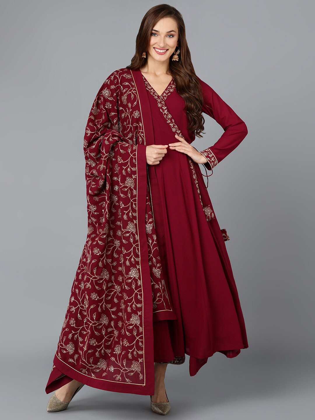 

AHIKA Maroon & Beige Floral Embroidered Angrakha Kurta with Trousers & Dupatta