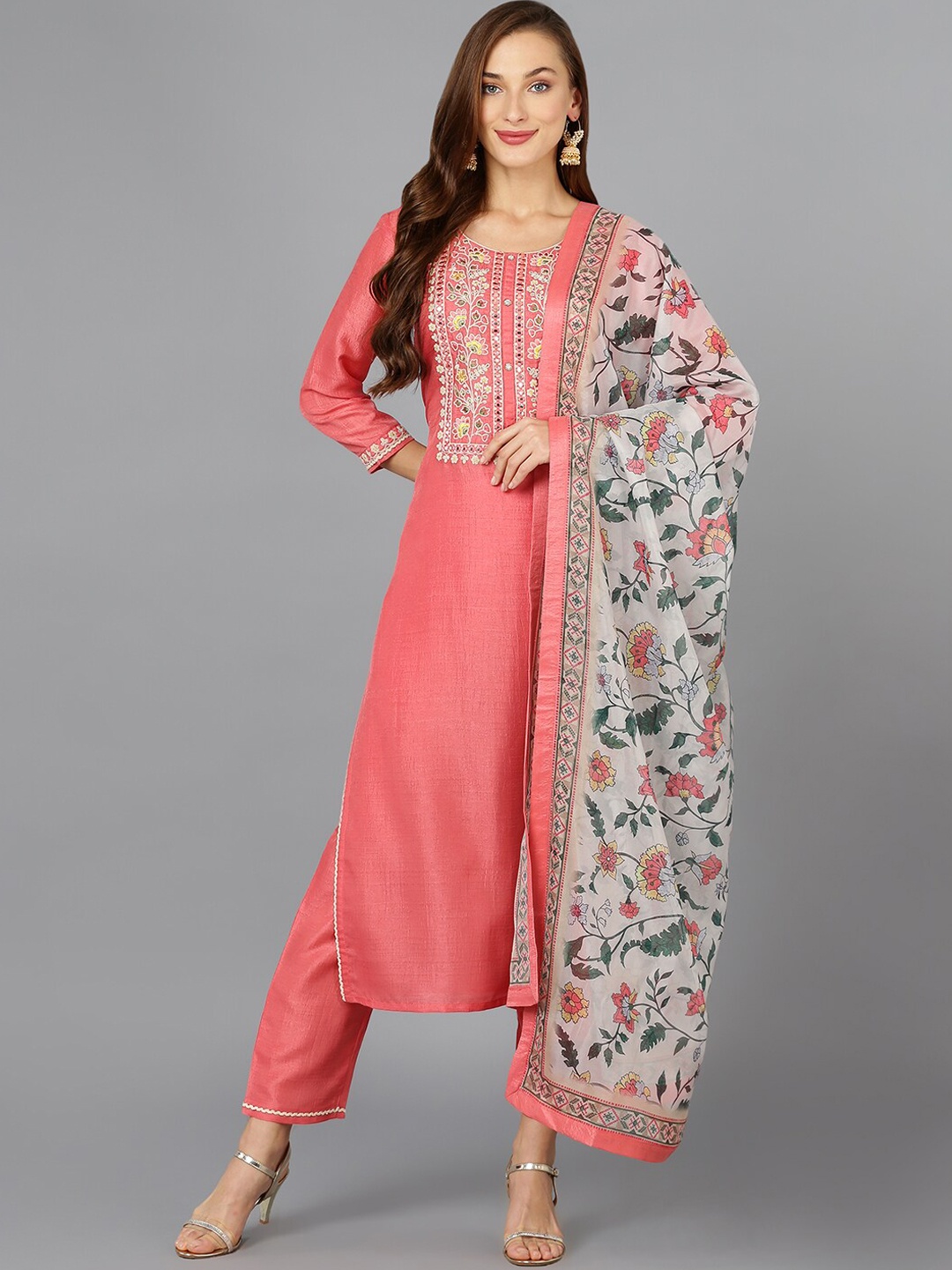 

AHIKA Coral & White Floral Embroidered Mirror Work Kurta with Trousers & Dupatta