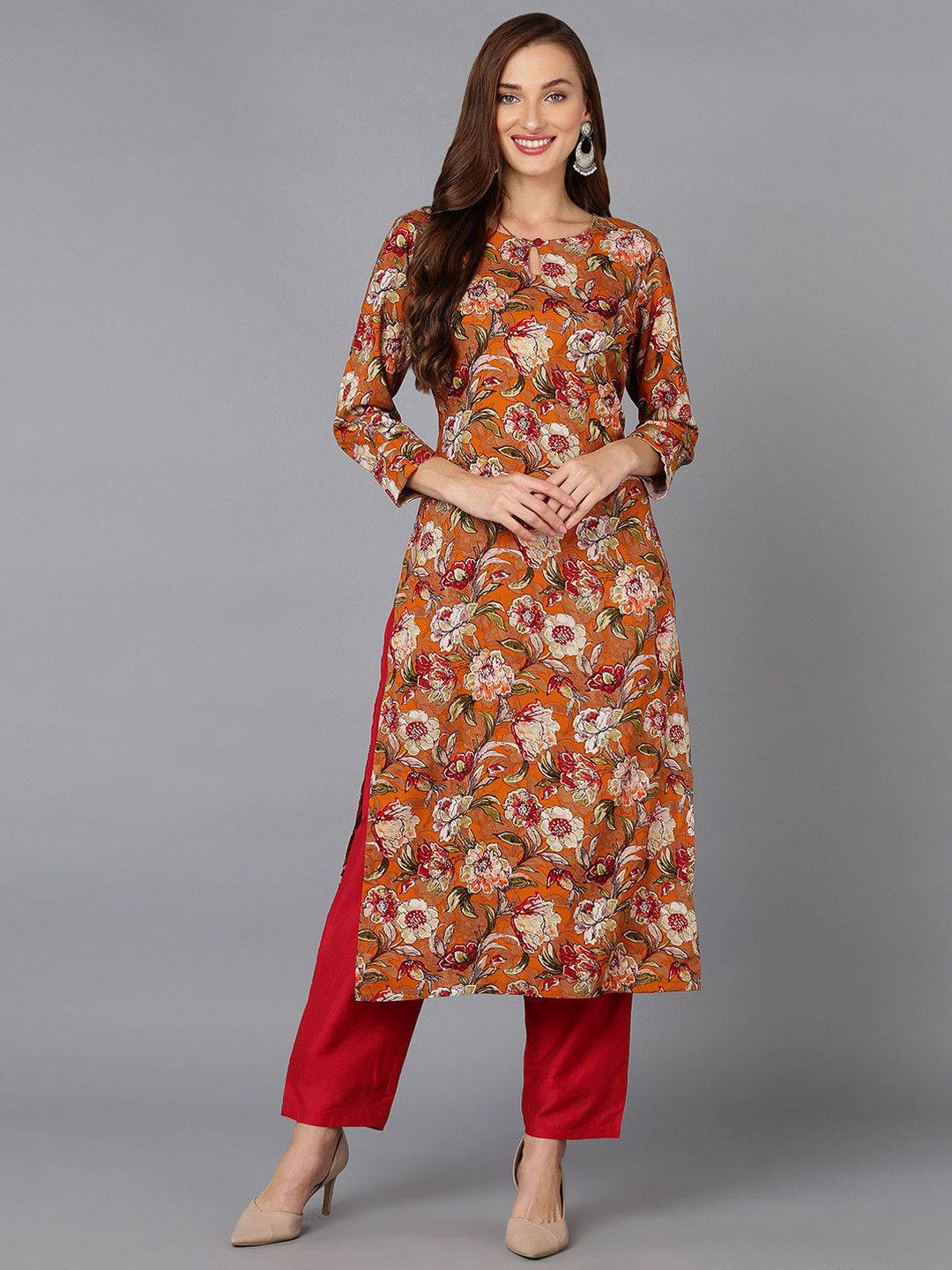 

AHIKA Orange Floral Printed Keyhole Neck Kurta