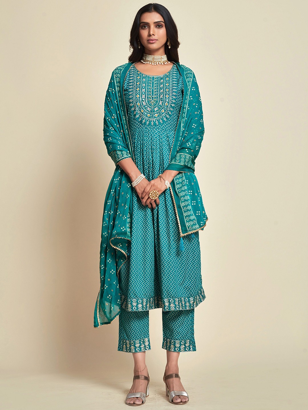 

Ishin Turquoise Blue Chevron Printed Pleated Kurta With Trousers & Dupatta
