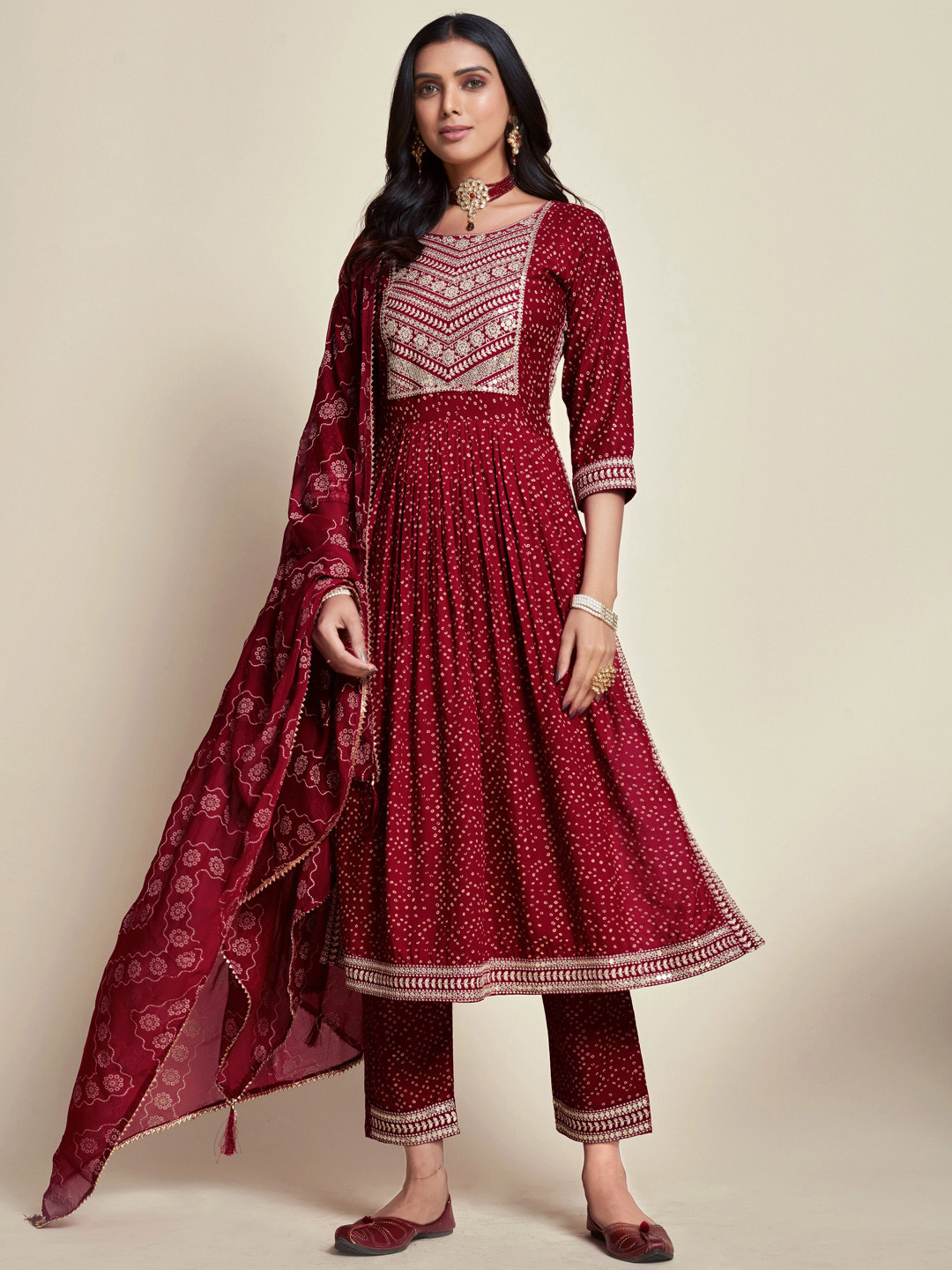 

Ishin Maroon Bandhani Printed Pleated Thread Work Kurta With Trousers & Dupatta