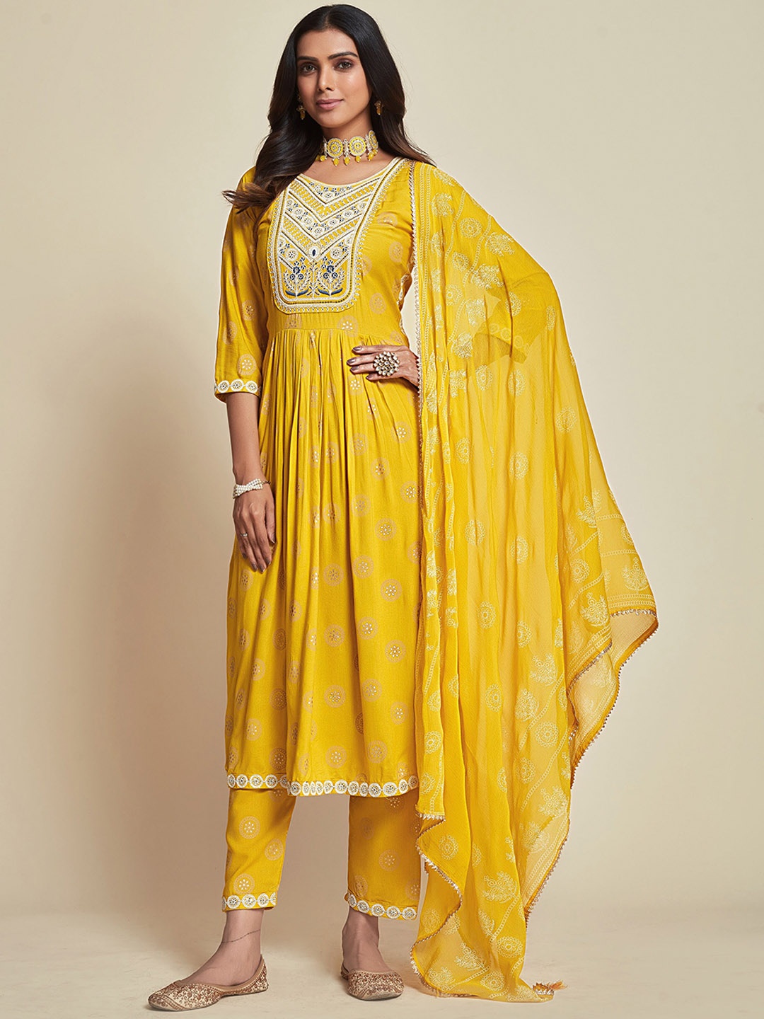 

Ishin Yellow Ethnic Motifs Printed Pleated Thread Work Kurta With Trousers & Dupatta