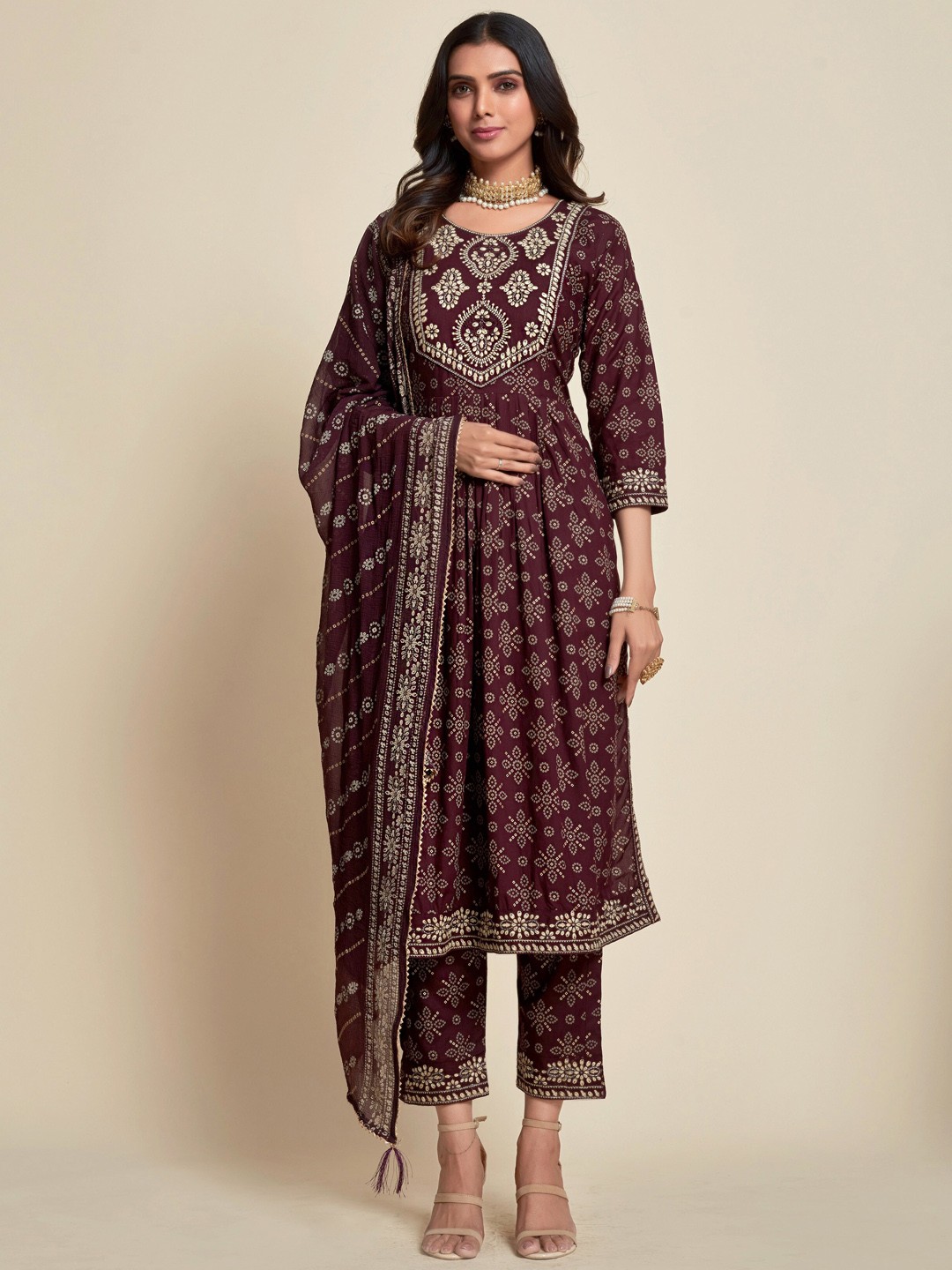 

Ishin Burgundy Bandhani Printed Pleated Thread Work Kurta With Trousers & Dupatta