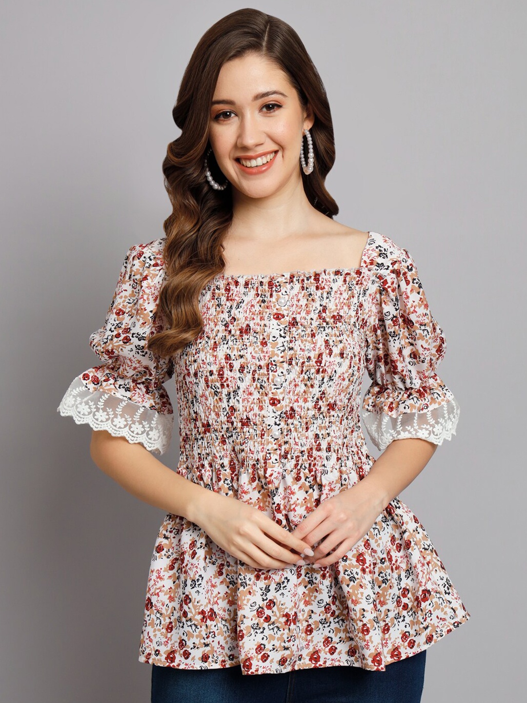 

Funday Fashion Floral Printed Puff Sleeves Smocked Peplum Top, White