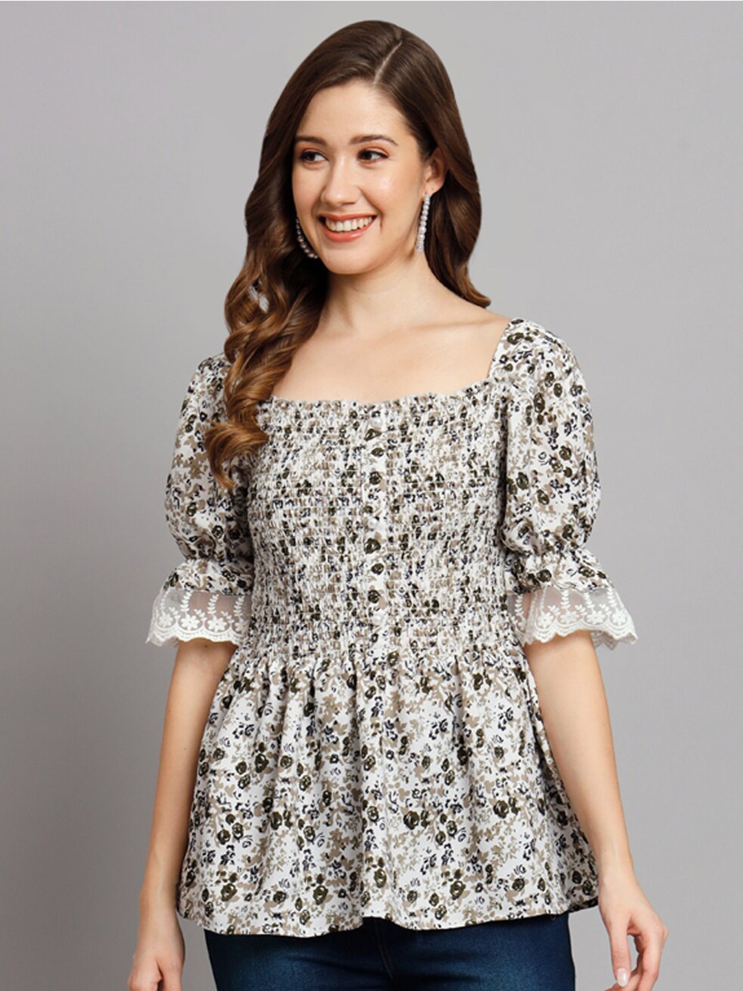 

Funday Fashion Floral Printed Puff Sleeves Smocked Peplum Top, White