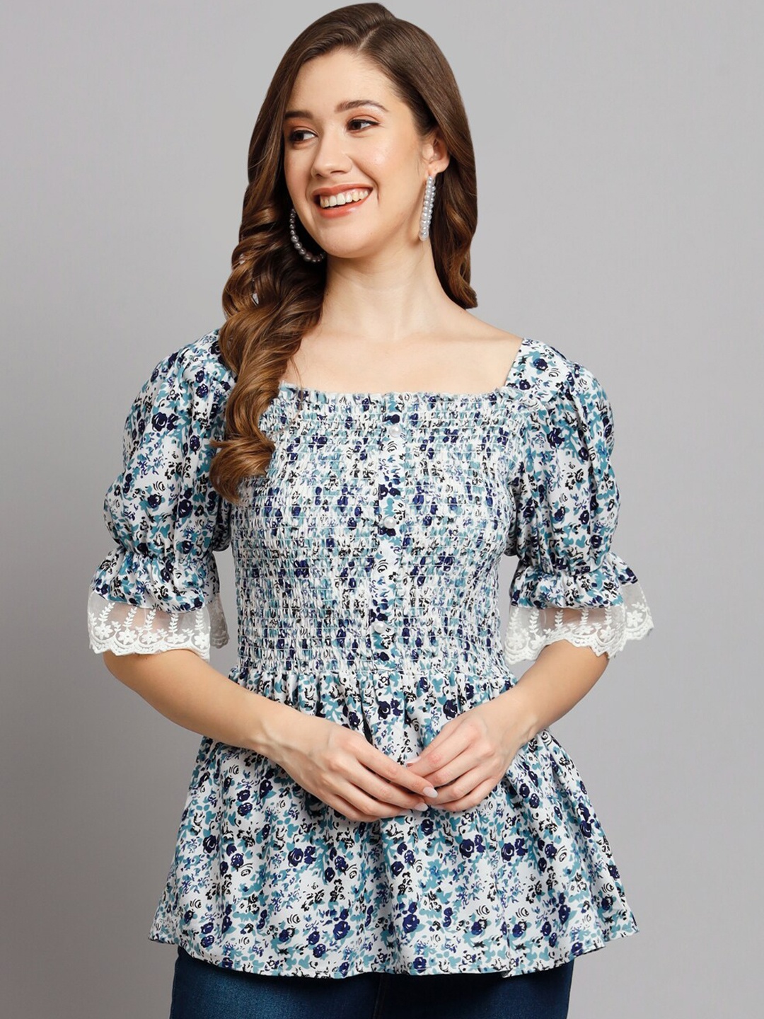 

Funday Fashion Floral Printed Puff Sleeves Smocked Peplum Top, White