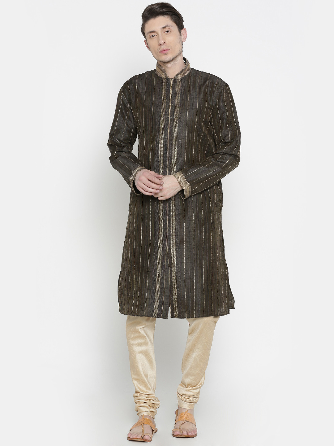 

Manish Creations Men Olive Green & Black Striped Kurta with Churidar