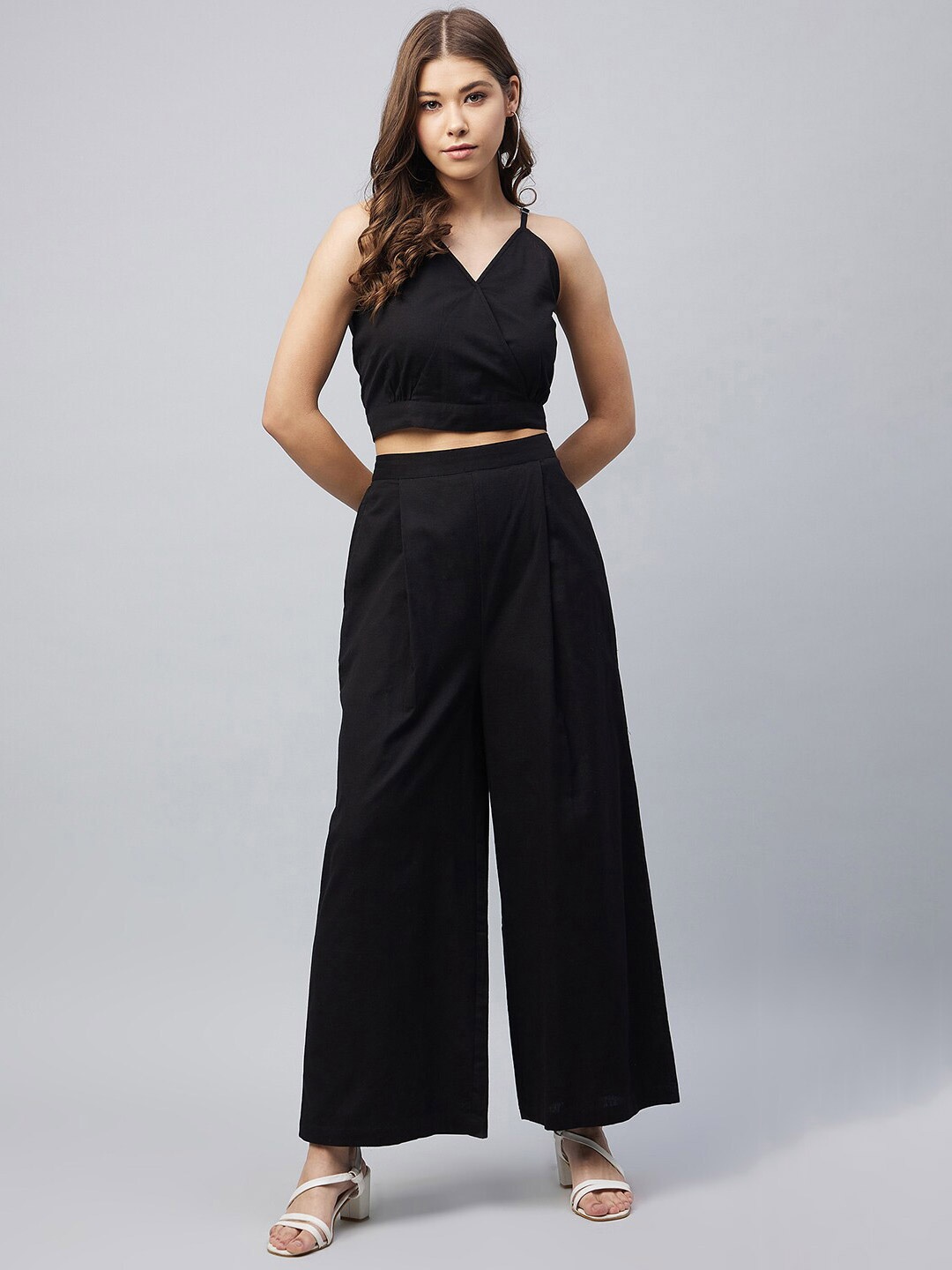 

StyleStone Women Black Cotton Linen Crop Top and Palazzos